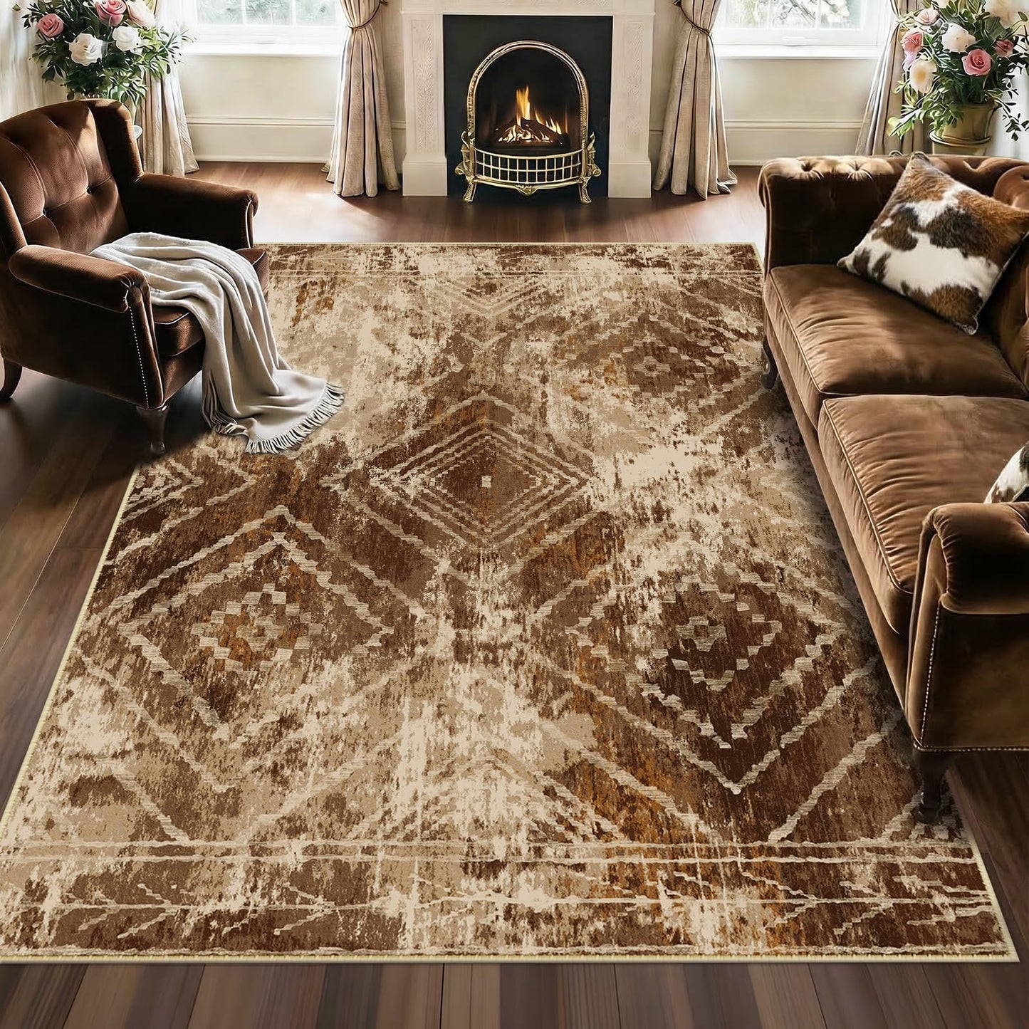 BESTSWEETIE Area Rug 5x7 Rug Machine Washable Non-Slip Low Pile Print Pattern Western Rug for Living Room Bedroom Entryway Tribal Series-Abstract/Cowhide