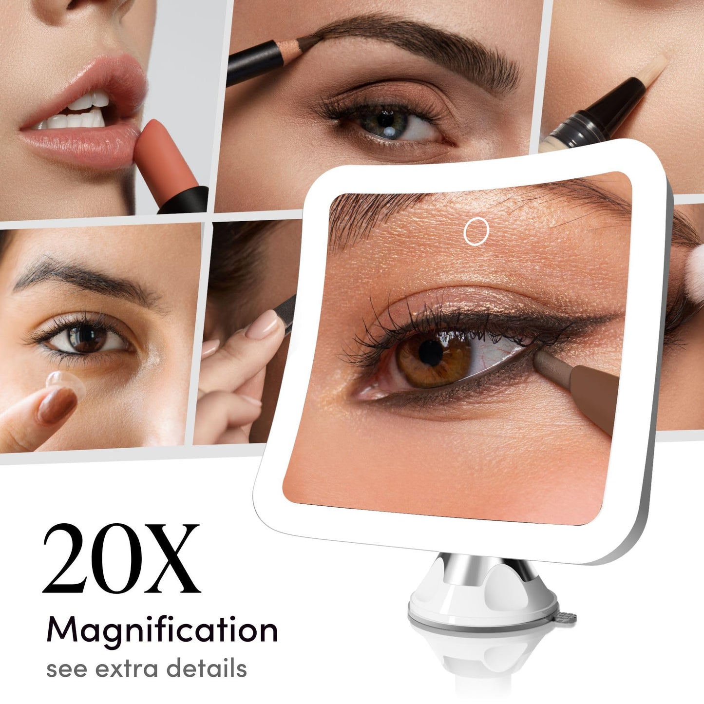 Fancii 20x Magnifying Makeup Mirror with LED Lights, Rechargeable, High Zoom | 7-inch Large Lighted Travel Mirror for Vanity and Bathroom, Dimmable, 3 Light Settings, Strong Suction, 360° Rotation