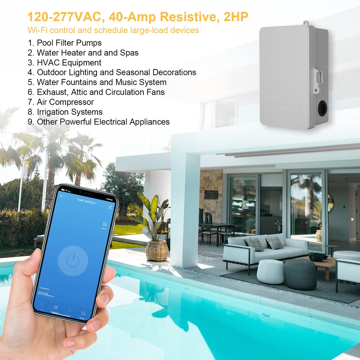SURAIELEC WiFi Pool Timer, 40 AMP, 1HP 120V, 2HP 240V, Outdoor Indoor Smart Switch, Heavy Duty Pool Controller Light Timer Box for Pump, Water Heater, Spa, Powerful Electrical Appliances