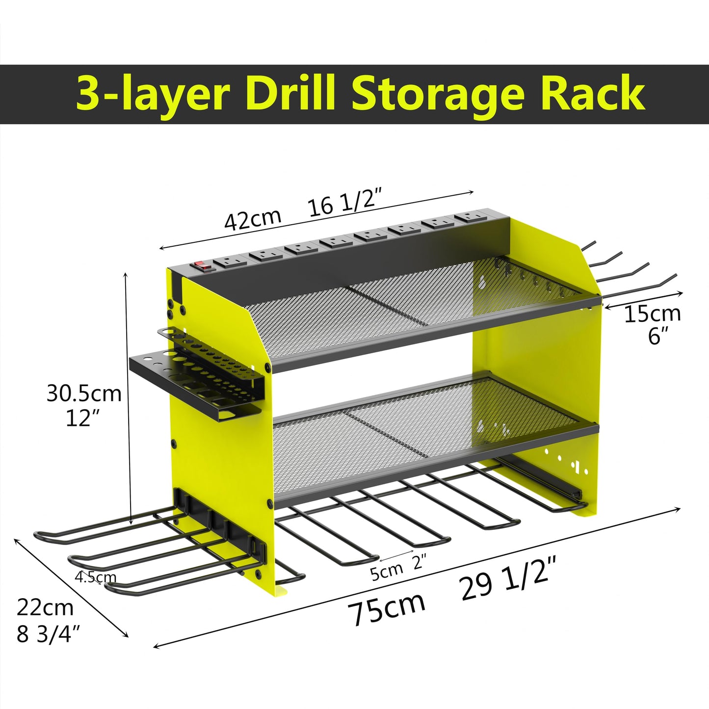 Wall Mount Drill Storage Rack with Charging Station Power Tool Organizer Drill Holder Drill Bit Organizer for Garage Workshop Holds 4 Drills with 8 Outlet Power Strip Christmas Gift(Green Three Layer)