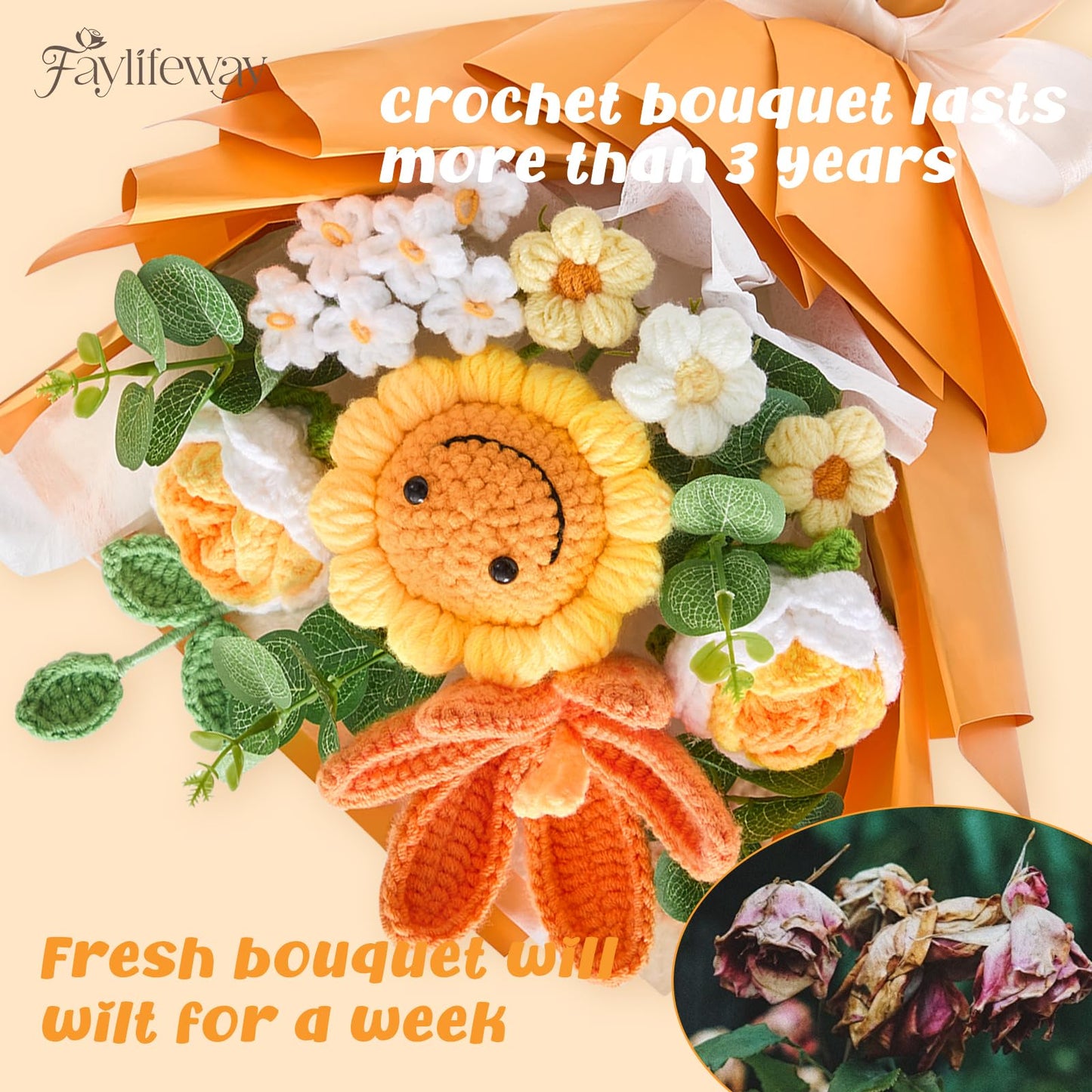 Faylifeway Crochet Flower Bouquet, Handmade Knitted Flowers,Orange Crochet Sunflower Bouquet for Lover Birthday, Anniversary, Wedding, Homecoming Gifts(Include Card)
