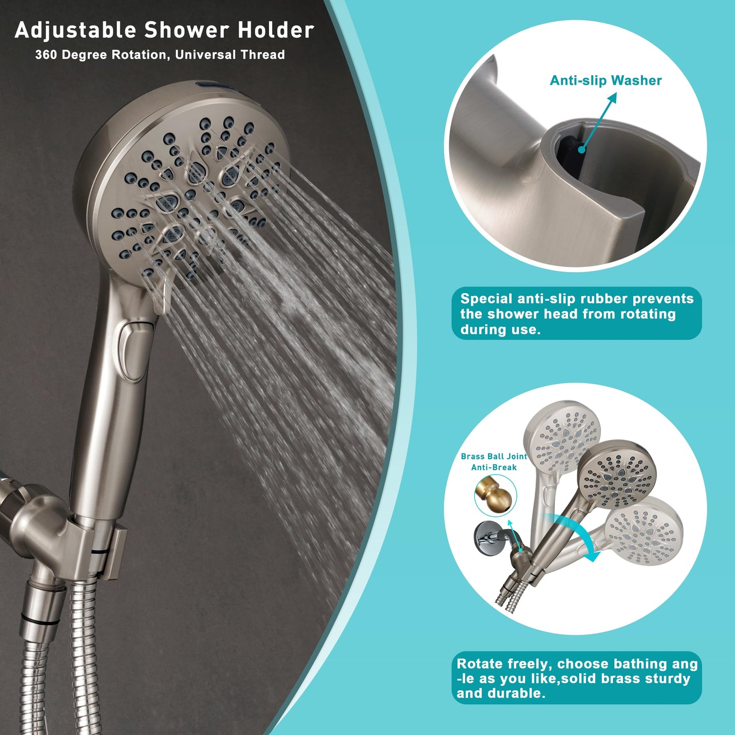 GwernKB Handheld Shower Head with on off Switch&Built-in Power Spray,7-Setting High Pressure Shower Wand with 79in Long Hose&Bracket and Extra Adhesive Shower Holder for Lower Mount,Brushed Nickel