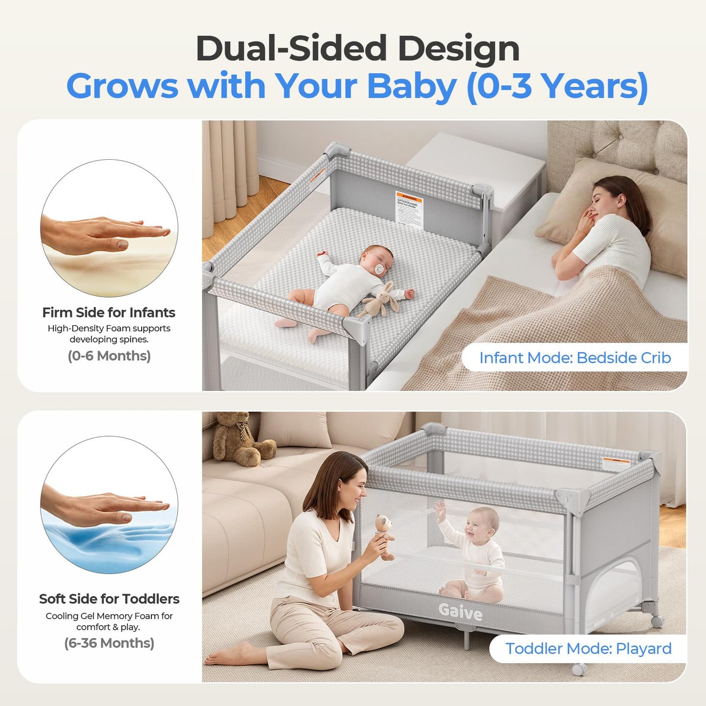 GAIVE 1.5in Mattress Fit Pack and Play & Baby Bassinet, Gel Memory Foam with Waterproof & Breathable Ice Silk Cover, 41.1"x27.8" （Grey）