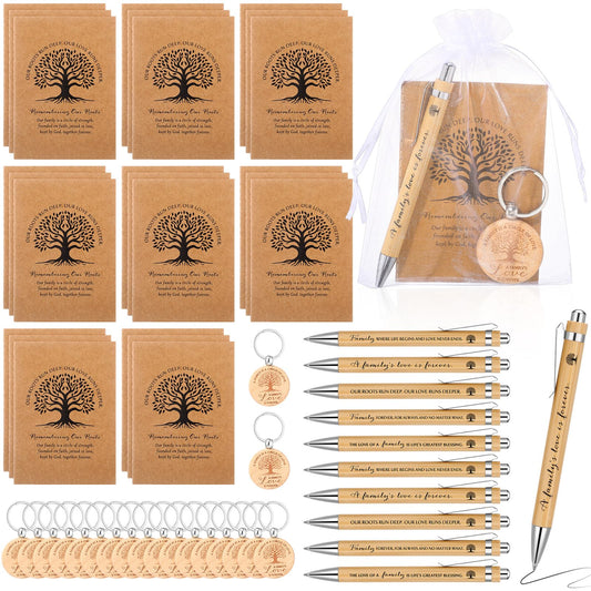 Dunzoom 120 Pcs Family Reunion Favors Wood Keychain Mini Notebook Notepads Ballpoint Pen with Organza Bag Gifts for Families