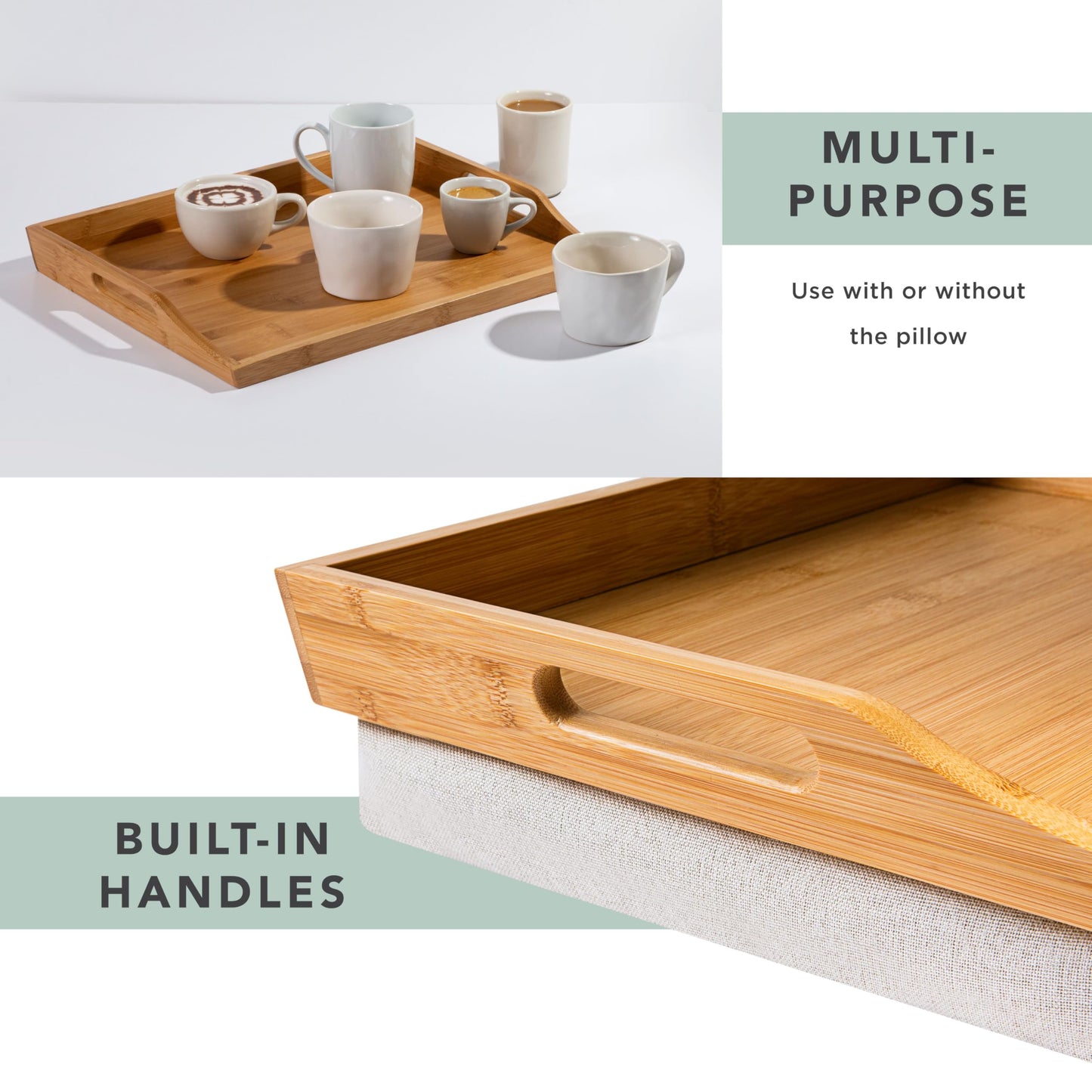 ROSSIE HOME Bamboo Wood Bed Tray, Lap Desk - Set of Two - with Hyacinth Storage Basket - Natural - Fits up to 15.6 Inch Laptops - Style No. 70107
