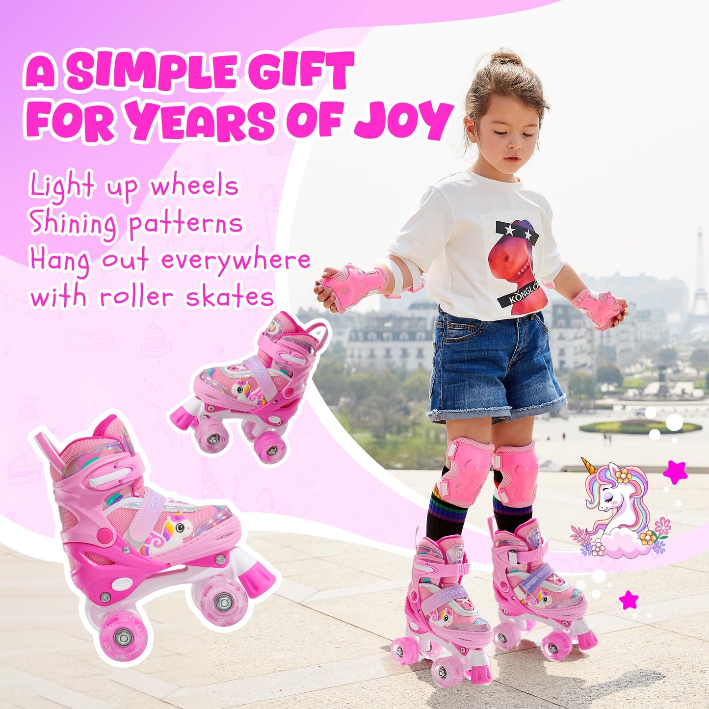SUPER YOUNGSTER Adjustable Light Up Kids Unicorn Roller Skates for Girls Ages 4-6 5-8 8-12，Toddlers Beginner Cat Roller Skates