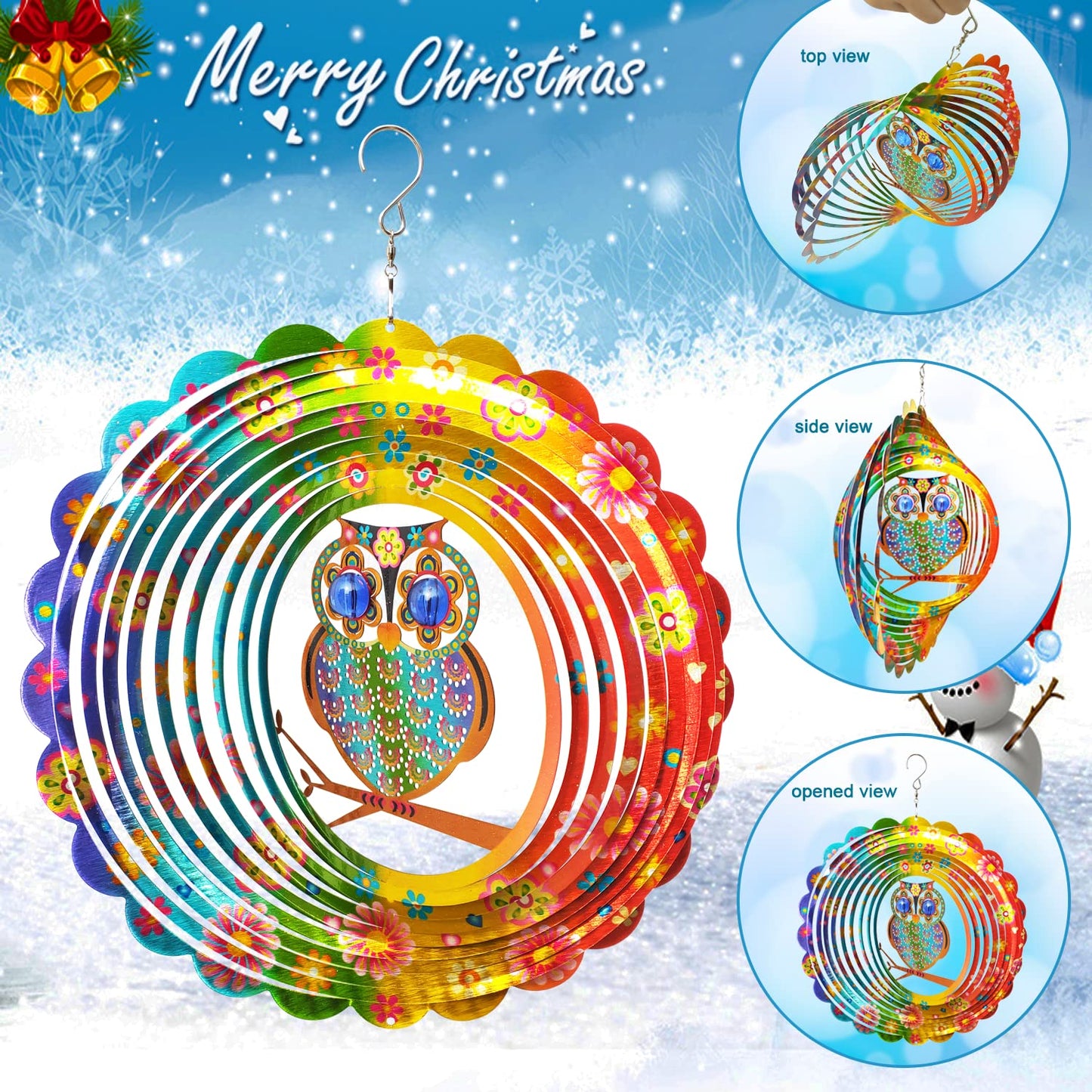 FONMY Wind Spinner Mandala Owl 12 inch 3D Stainless Steel Laser Cut Metal Art Geometric Pattern Hanging Wind Spinner, Kinetic Yard Art Decorations - Indoor/Outdoor Décor