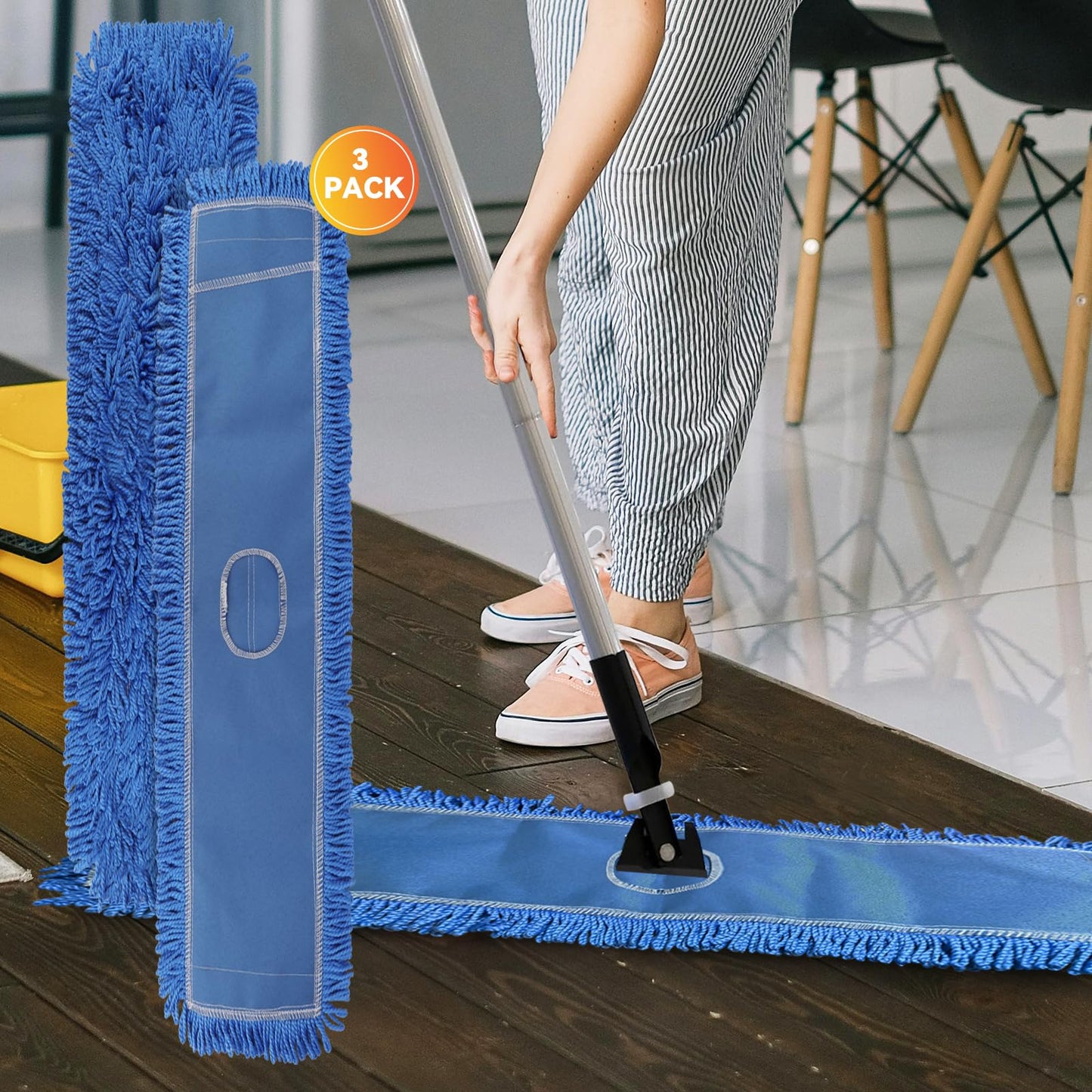 Commercial 48 Inch Dust Mop Head: Replacement Heavy-Duty Sweeper and Janitorial Industrial Dust Mop Head for Floor Cleaning, Office, School, Restaurant, Hospital (3 Pack - Blue)