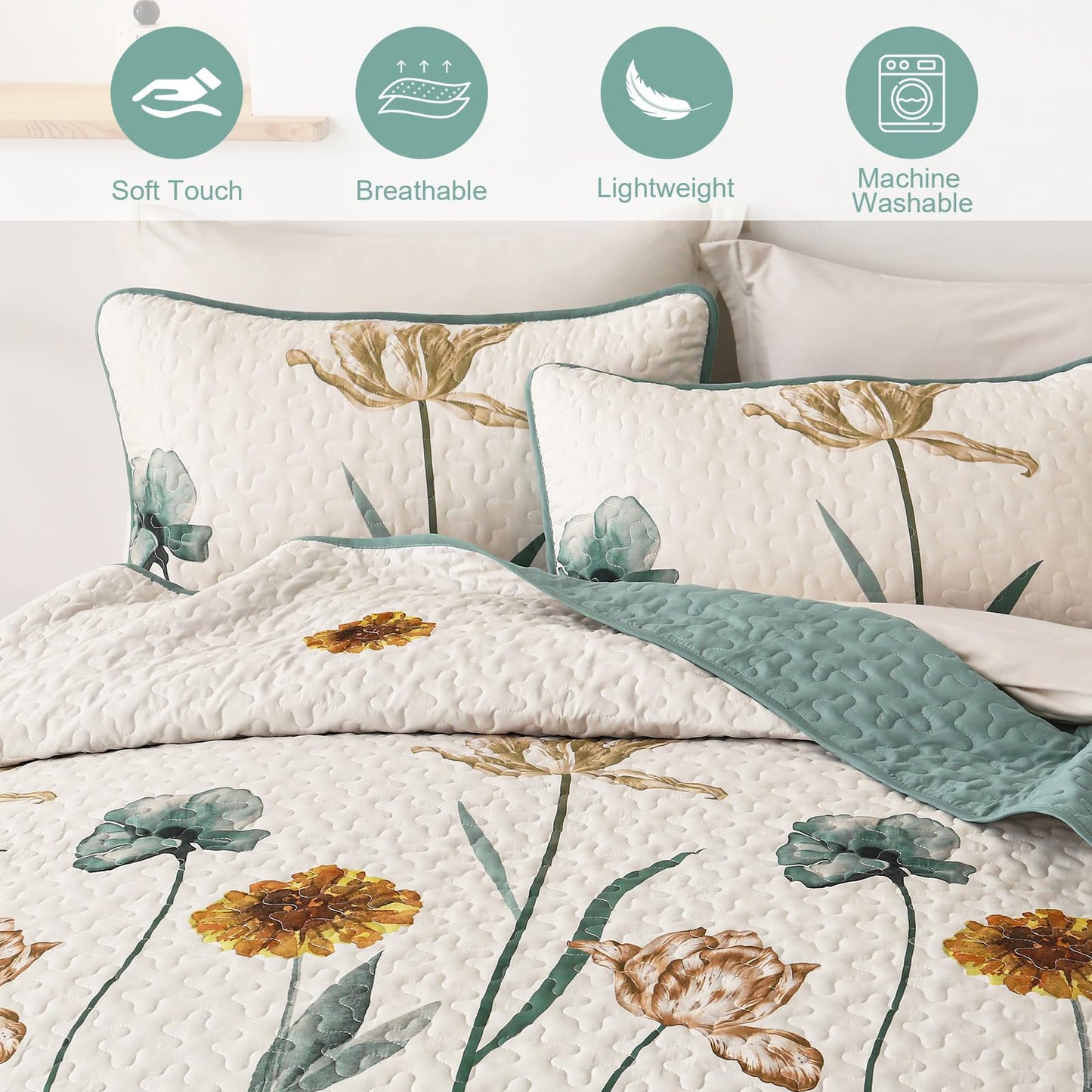 WONGS BEDDING Floral Quilt Set Queen,Green Yellow Floral Botanical Bedspread Bedding Set with 2 Pillowcase,Spring Summer Lightweight Farmhouse Coverlet Set for All Season (96"x90")