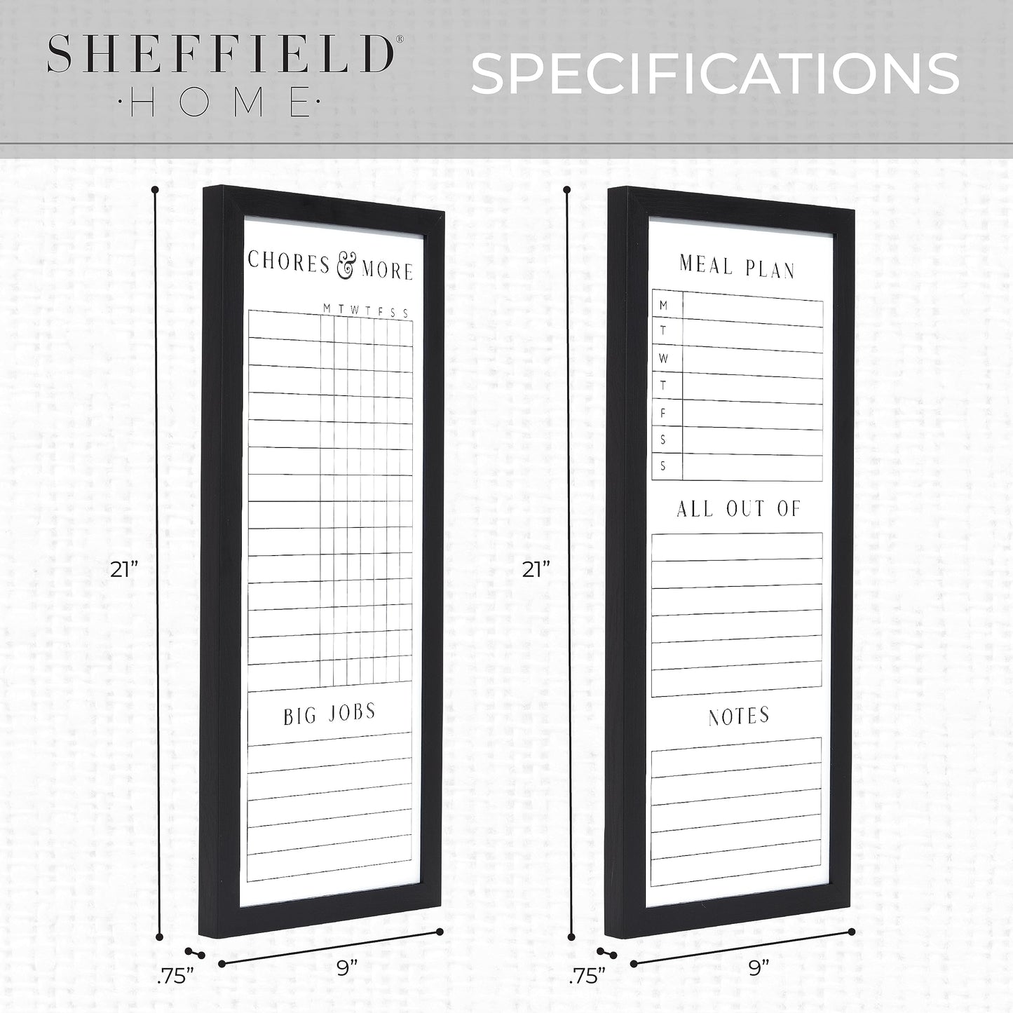 Sheffield Home Set of Two Family Planner Dry Erase Boards Featuring, Chore Chart, Shopping List, Weekly Meal Planner and Notes, 9x21 Inch, Black