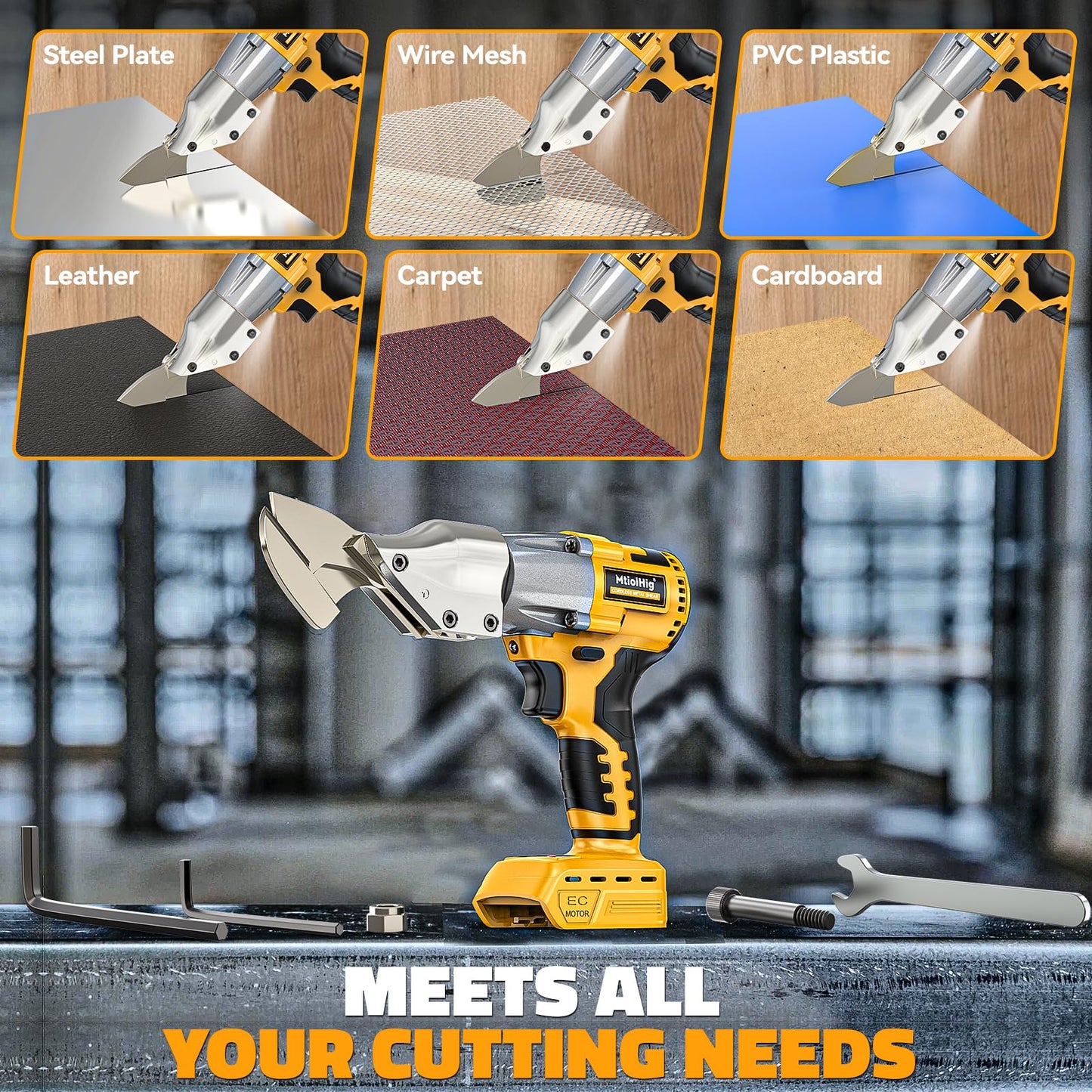 MtiolHig Cordless Sheet Metal Cutter: 221 Ft-Lbs Torque, 360 Pivoting Head, Cuts 18GA Material, Compatible with Dewalt 20V Battery