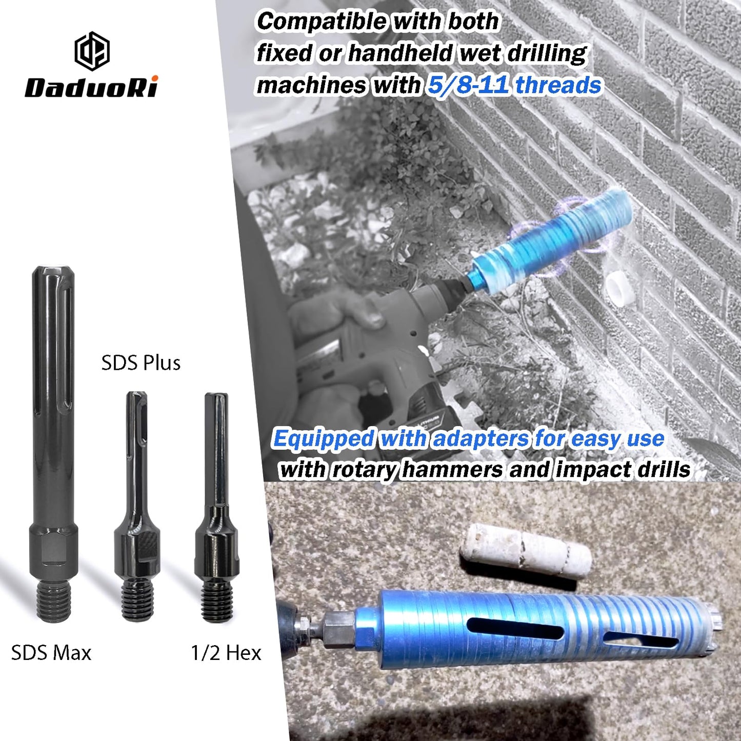 DaduoRi 2" Dry Core Drill Bit for Brick and Block with 3 Adapters Included: SDS Plus, SDS Max and 1/2" Hex Shank, 9.5" Drilling Depth Core Bits for Concrete, Brick, Masonry, 5/8"-11 Thread