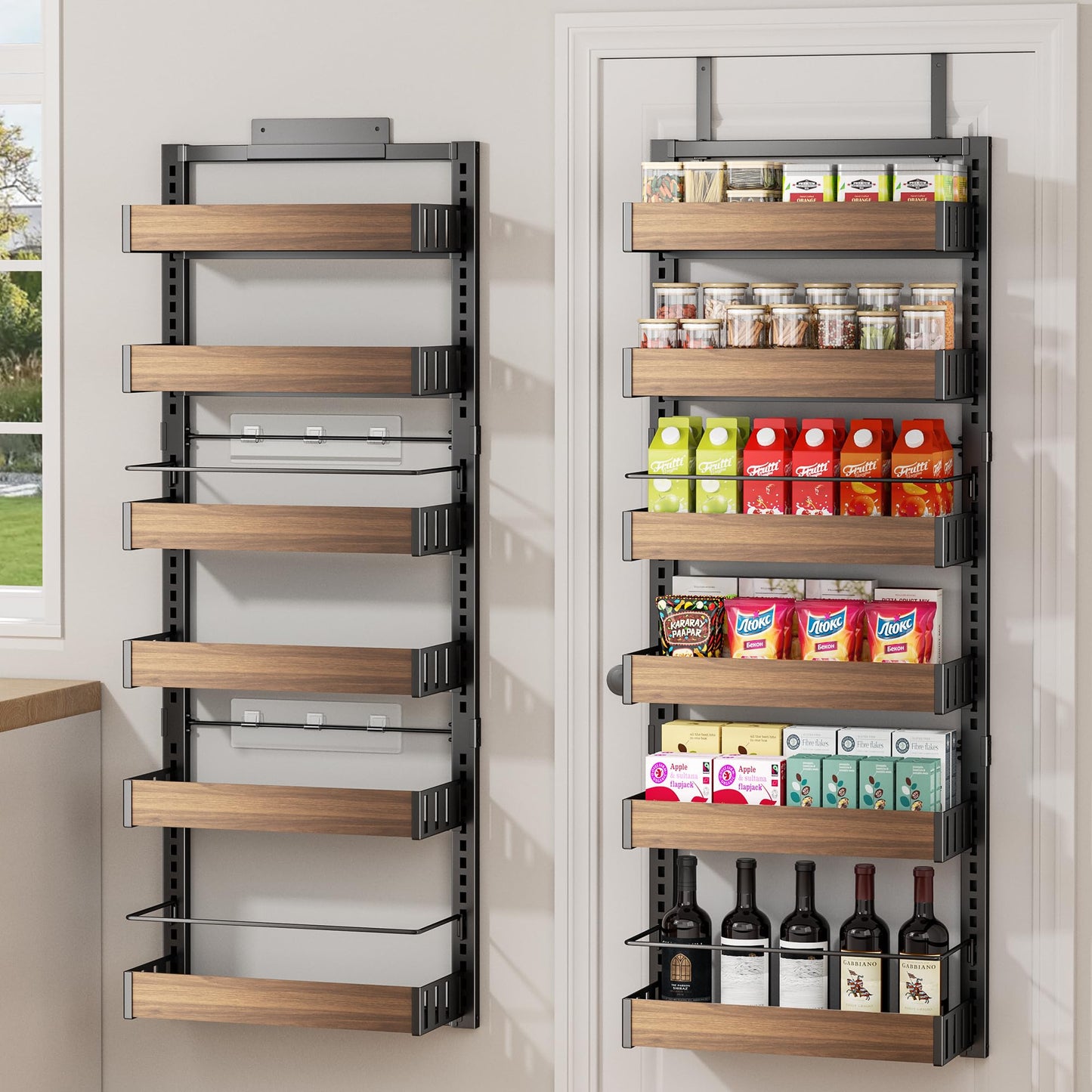 POKIPO 6 Tier Over The Door Pantry Organizer, 2-in-1 Door Hanging or Wall Mounted Spice Rack, Large Heavy Duty Pantry Door Storage Seasoning Shelves with Adjustable Basket for Kitchen Bathroom Closet