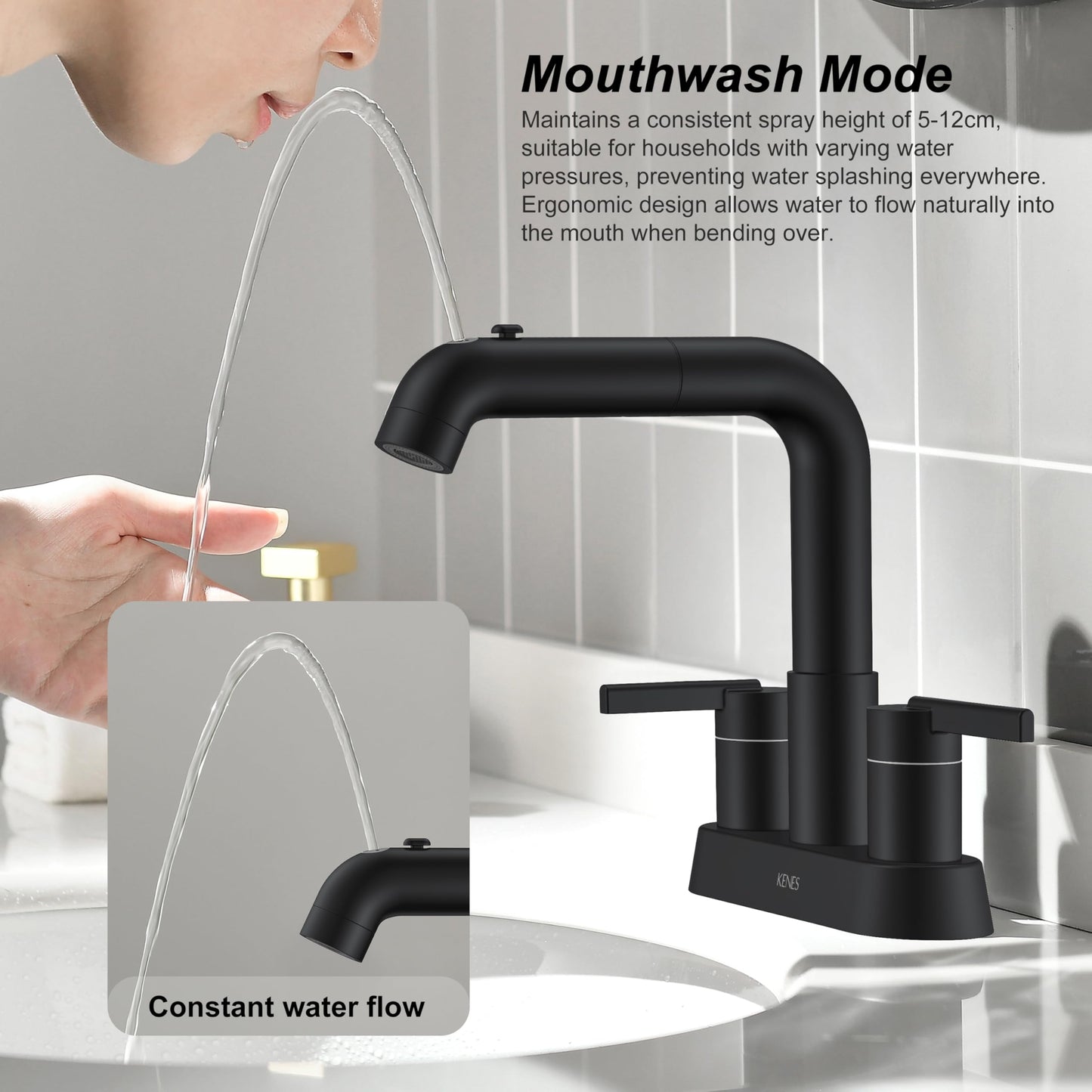 KENES Matte Black Centerset Bathroom Faucet with Pull Down Sprayer, 4 Inch 2 Handle Pull Out Bathroom Faucet 3 Hole, Bathroom Sink Faucet with Pop Up Drain & Supply Lines LJ-9059A-2