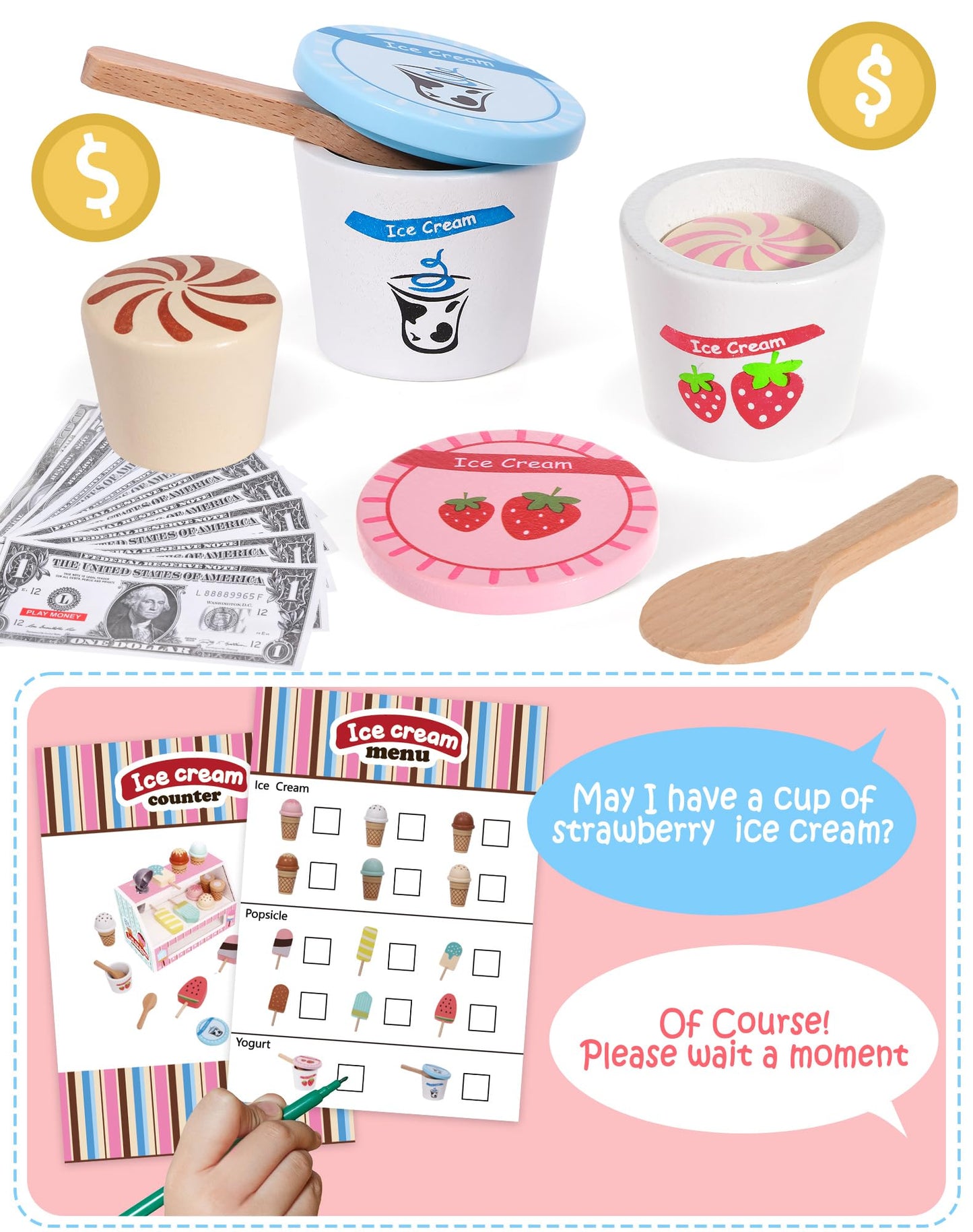 Wooden Ice Cream Toys Kids Kitchen Play Store for Toddlers Girls, Play Kitchen Accessories with Scoop & Menu & Fake Money, Wooden Toys for 3 4 5 Year Old Girls Boys Birthday