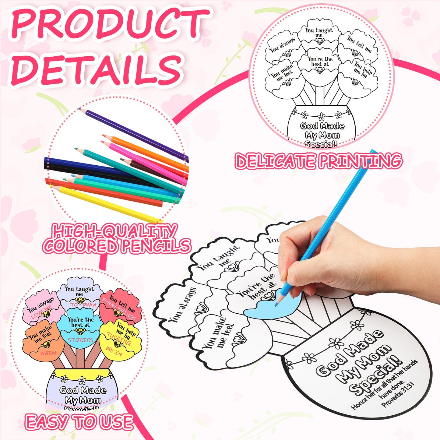 Dunzoom 48 Pcs Mother's Day Christian Crafts Color Your Own Sunday School Crafts with 12 Colored Pencils God Made My Mom Special Flower Pot Arts DIY Bible Religious Gifts Church Classroom Activities
