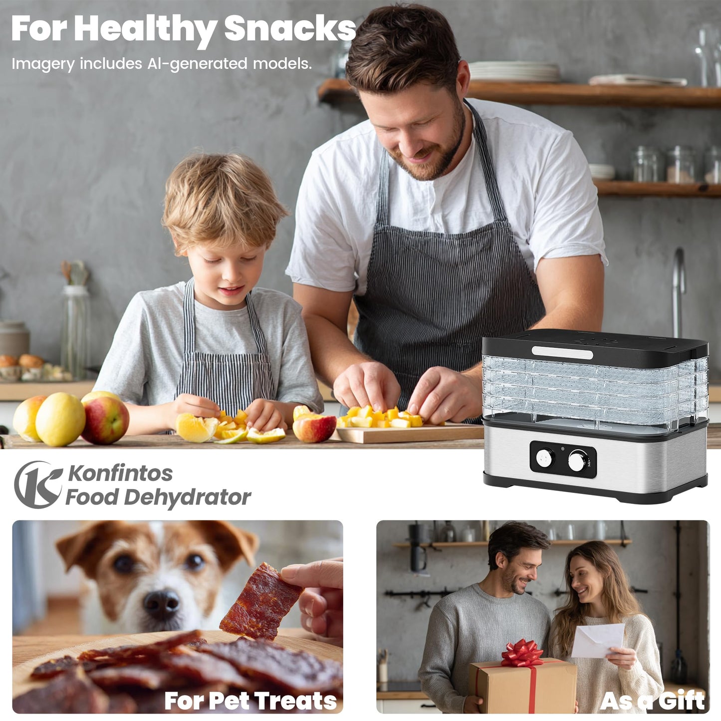 Konfintos Compact Food Dehydrator Machine for Jerky & Fruit, 250W Small Food Dryer, 5 Stackable BPA-Free Trays with Temperature Control for Beef and Deer Jerky, Mushroom, Herbs & Pet Treats, 72H Max