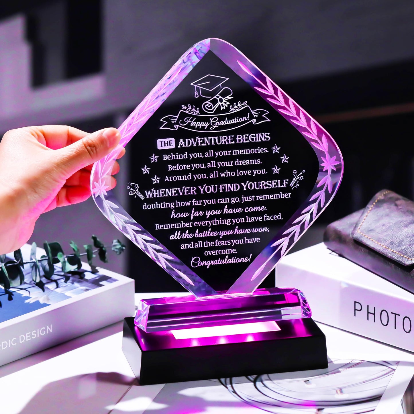 Movdyka Graduation Gifts for Women Men Crystal Plaque Keepsakes, Class of 2026 Graduation Gifts for Her Him Female High School College Masters Degree Phd Decor (Rhombus with Light Base)