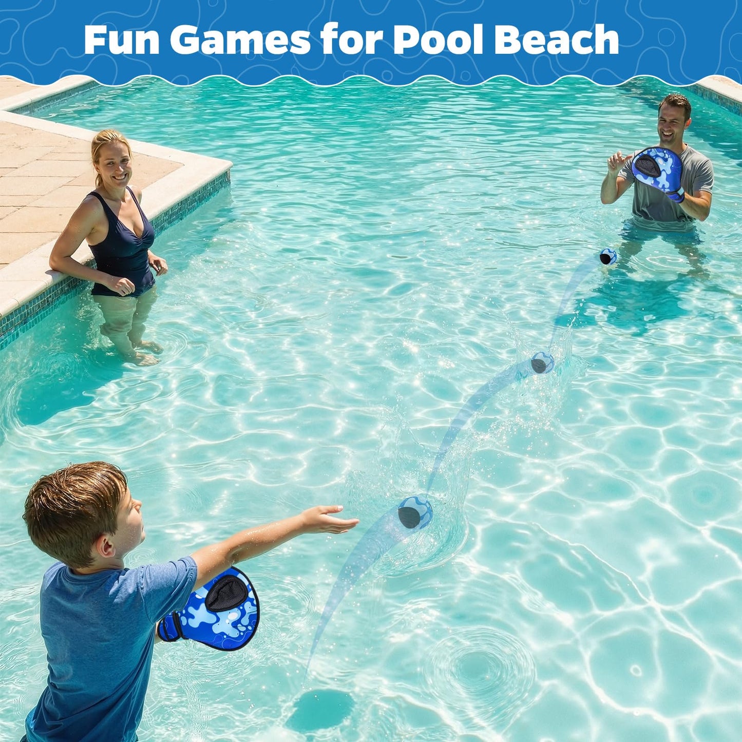 Ayeboovi Water Ball and Gloves Set for Pool Toys & Beach Games, Baseball Style Glove for Catching Bouncing Balls, Water Skipping Ball for Summer Family Game Adult Teen & Kids Ages 8+, Blue