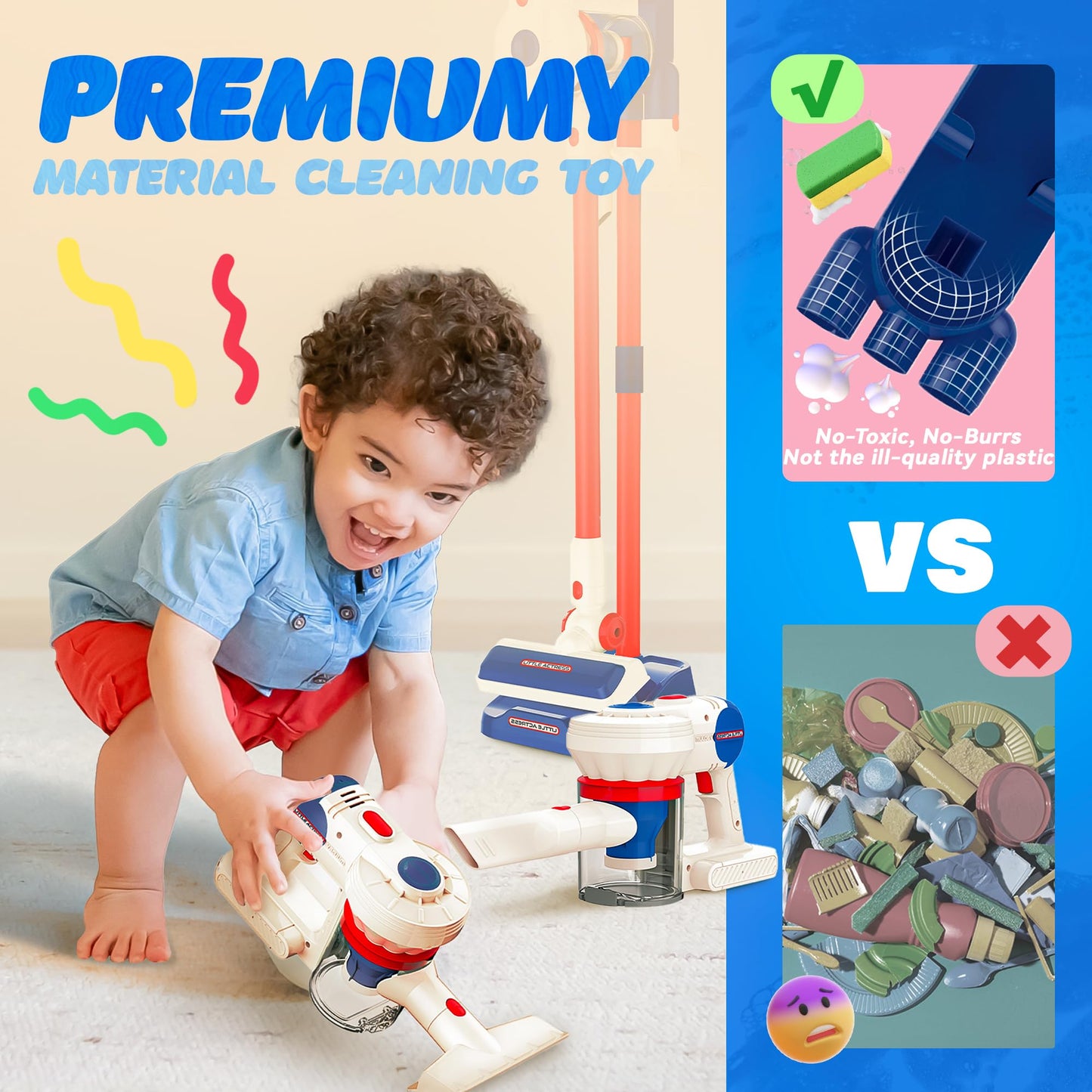 Kids Vacuum That Really Works, SMILESSKIDDO Kids Cleaning Toy Set - 3 in 1 Suction Design & Safe Material Toy Vacuum - Perfect Montessori Pretend Vacuum for Toddlers 3-8
