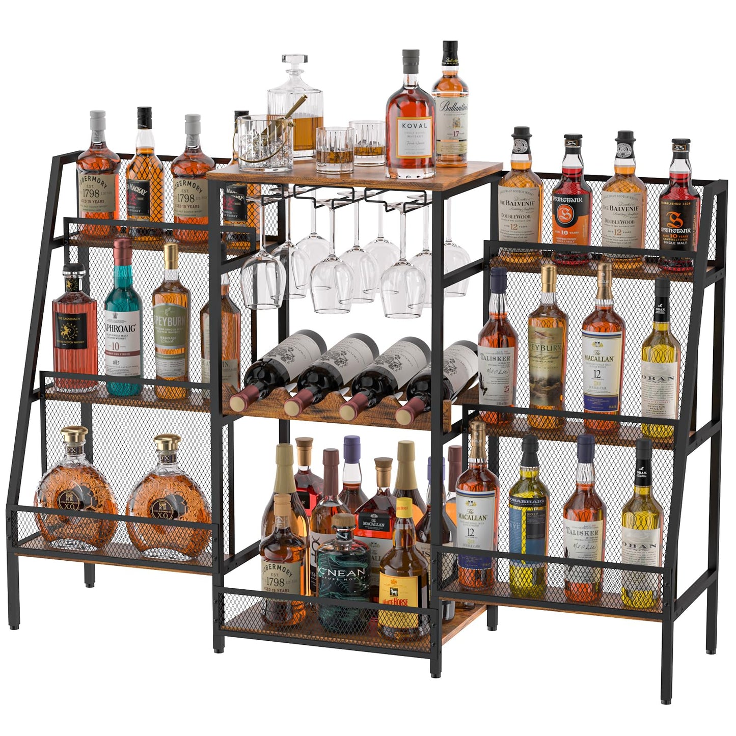 Hayexiha 6-Tier (Safe Height for Kids & Pets) Freestanding Wine Rack with Glass Holders & Fences, Large Bar Cabinet for Home, Liquor Stand for Wine Bottles, Christmas & Holiday Party Wine Shelf
