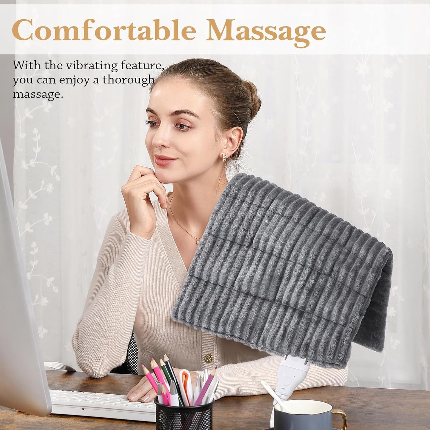 Massaging Weighted Heating Pads for Back Pain Relief and Cramps, 33''*18'' Ribs Fannel Electric Heating Pad with Massage Vibrations, 6 Settings- 3 Heat, 3 Massage- 9 Relaxing Combinations