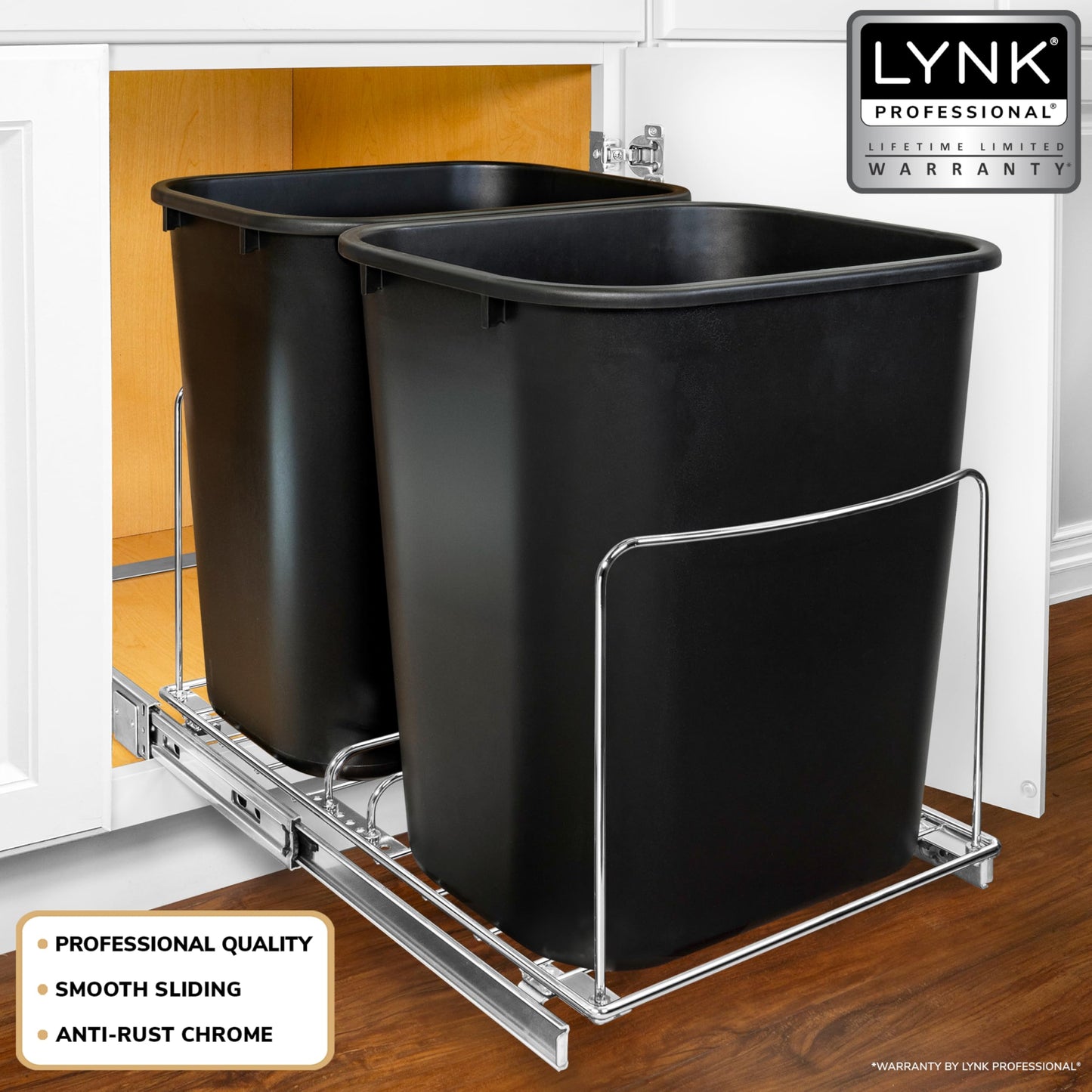 LYNK PROFESSIONAL® Double Pull Out Under Cabinet - Under Sink Slider - Slide Out Drawer - Sliding Pull Out for Kitchen Garbage Bin