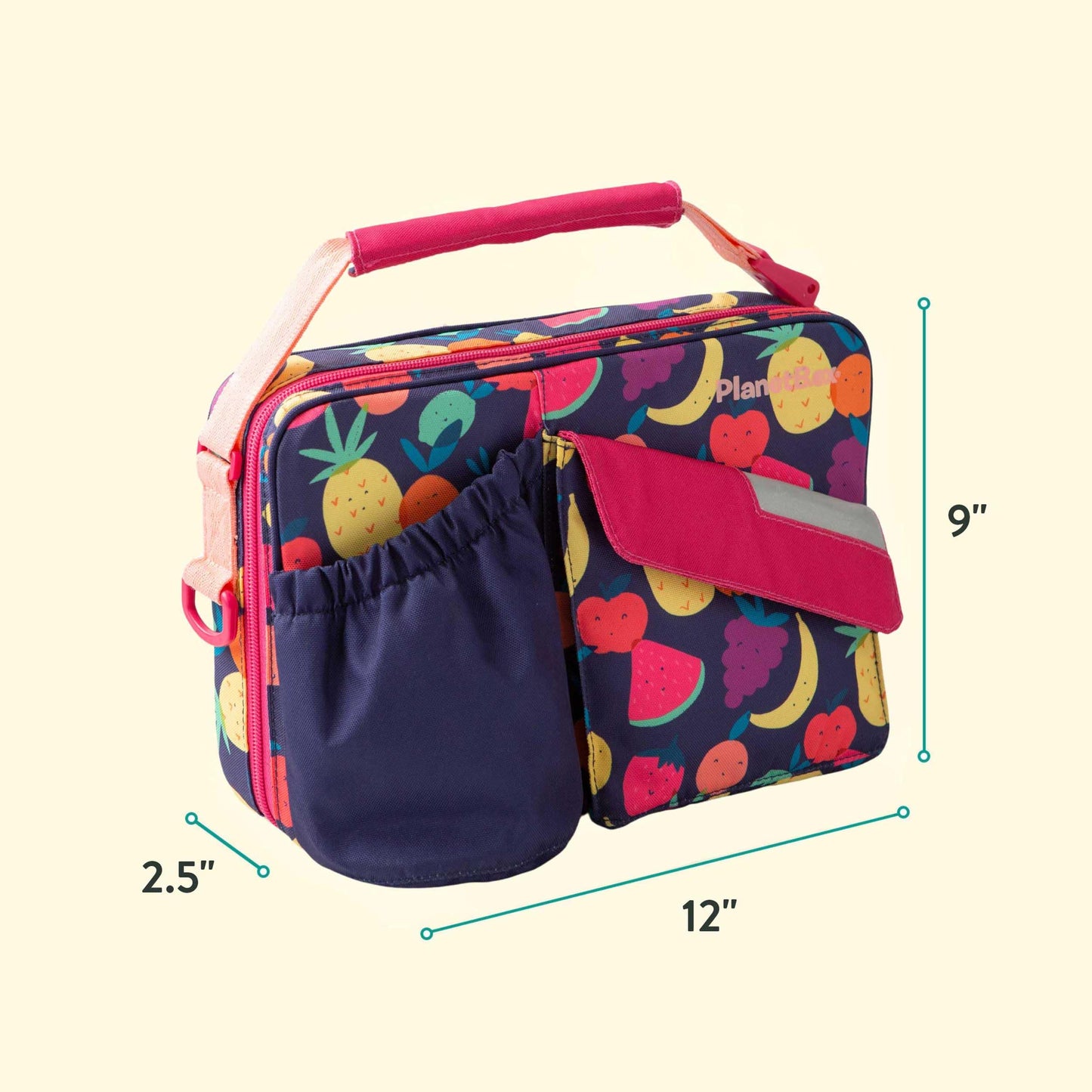PlanetBox Insulated Lunch Bag – Tutti Frutti Edition Carry Bag with Pockets for Water Bottle and Snacks – Durable, Easy to Clean, and BPA Free
