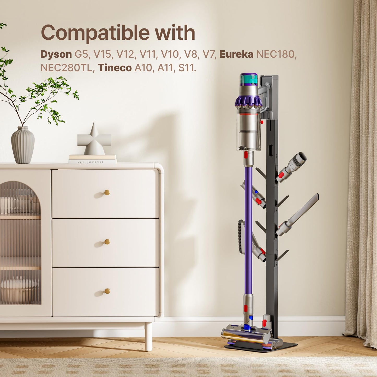 PEGZONE Vacuum Stand Compatible with Dyson G5 V15 V12 V11 V10 V9 V8 V7, S11 A10 A11, NEC180 280TL, Cordless Vacuum Holder with 8 Storage Hooks, Accessories & Attachments Organizer, Black