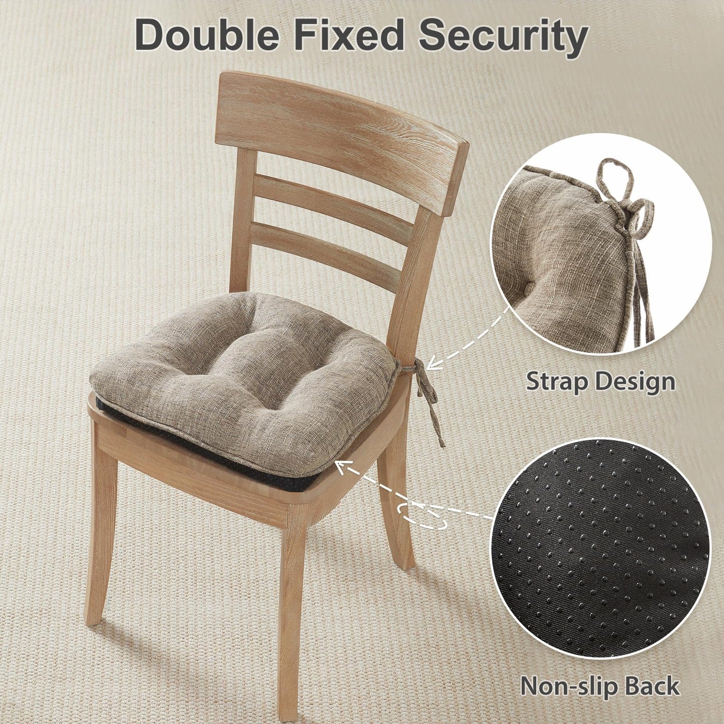 Quilmfoam 16.5"x15.5" Kitchen Chair Cushions Set of 4 for Dining Chair, Soft Tufted Non-Slip Memory Foam Seat Cushion with Ties for Indoor Kitchen Dining Furniture, Khaki