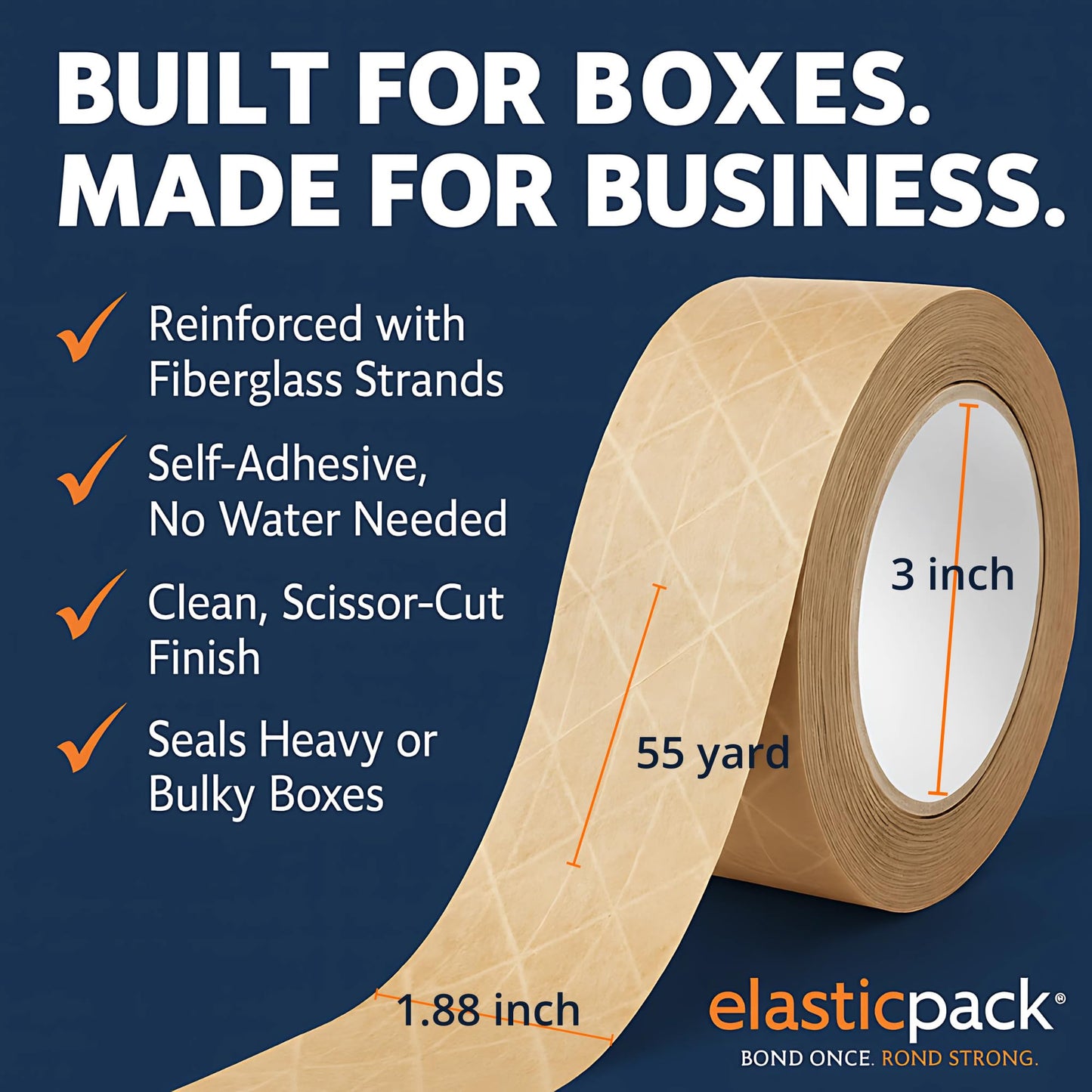 Elasticpack Heavy-Duty Packing Tape 4-Pack – Reinforced Brown Kraft Paper Tape with Fiberglass Filament, Self-Sticking, No Water Needed, Strong Hold for Heavy Box Shipping, 1.88" x 55 yd