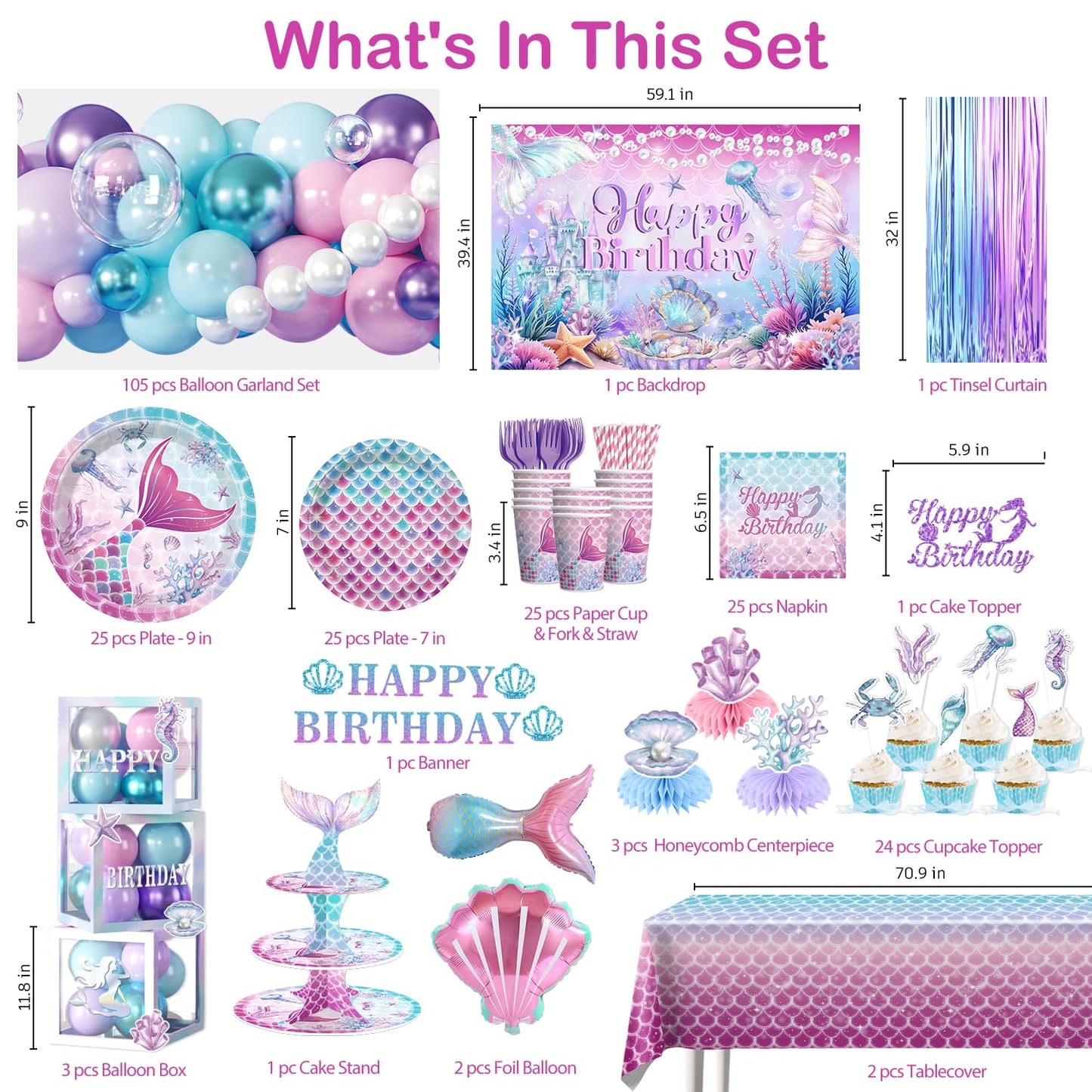295Pcs Mermaid Birthday Decorations Serve 25, Mermaid Party Decorations Include Balloon Garland Arch, Plates, Tablecloth, Cake Topper, Cupcake Stand, Cupcake Toppers, for Under The Sea Party