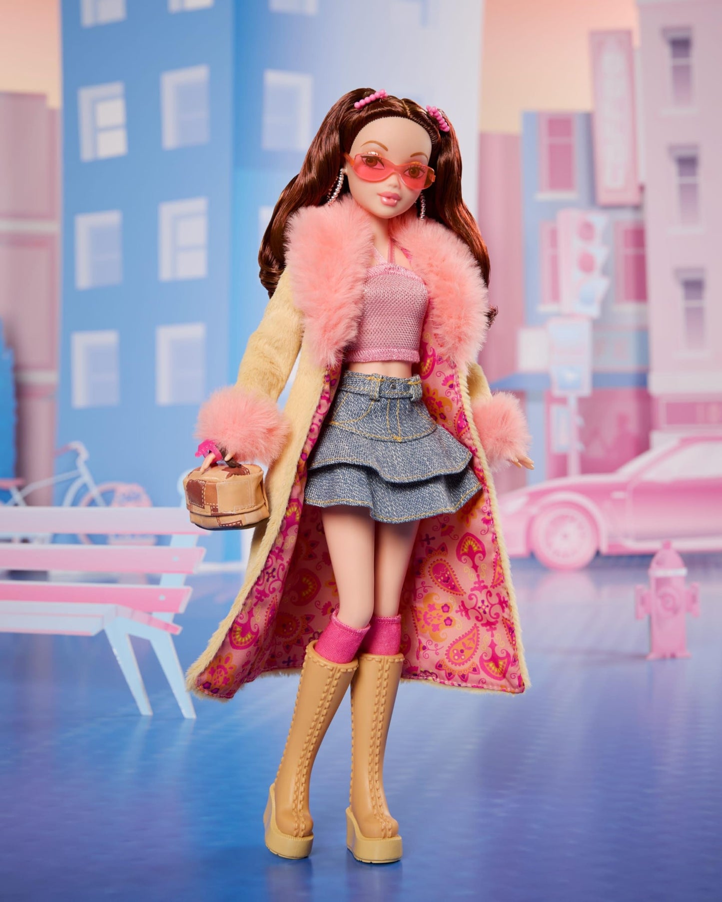 Barbie Signature My Scene Doll & Accessories, Chelsea in Y2K-Inspired Outfit with Butterfly Top, Cargo Jeans, Denim Bag & Display Stand