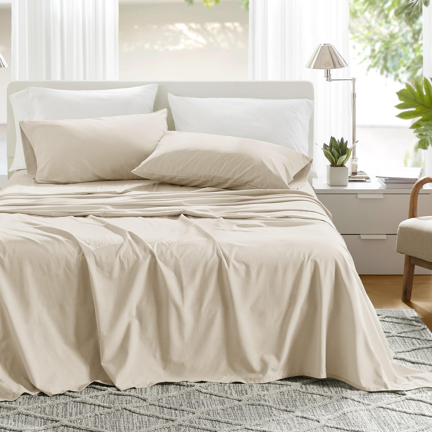 Comfort Spaces 100% Cotton Sheets Queen, Breathable & Ultra Soft Cotton Sheets, Naturally Cool Cotton Bed Sheets with 14" Elastic Pocket Fits up to 16" Mattress, All Seasons Sheet Set, Cream 4 Piece
