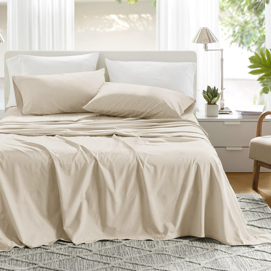 Comfort Spaces 100% Cotton Sheets Queen, Breathable & Ultra Soft Cotton Sheets, Naturally Cool Cotton Bed Sheets with 14" Elastic Pocket Fits up to 16" Mattress, All Seasons Sheet Set, Cream 4 Piece