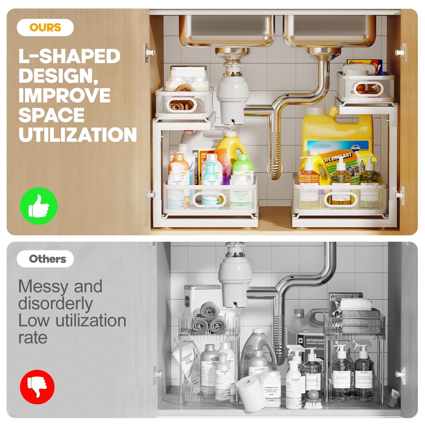 2-Pack Under Sink Storage Organizer with 2-Tier Slide Out Drawer, Sophisticated Mesh Pull Out Shelf for Kitchen & Bathroom, Fits Small Items, Upgraded Arched Track for Smooth Gliding(Patented)