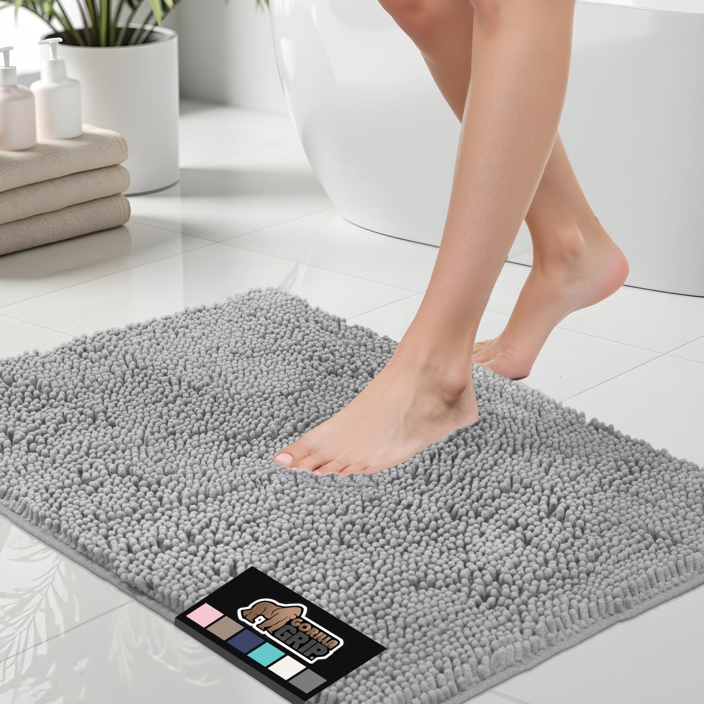 GORILLA GRIP Bath Rug Mat 70x24, Thick Soft Absorbent Chenille, Quick Dry Microfiber Mats, Rubber Backing Machine Washable Shower Floor Rugs, Bathmat Runner, Bathroom Home Decor Accessories Light Gray
