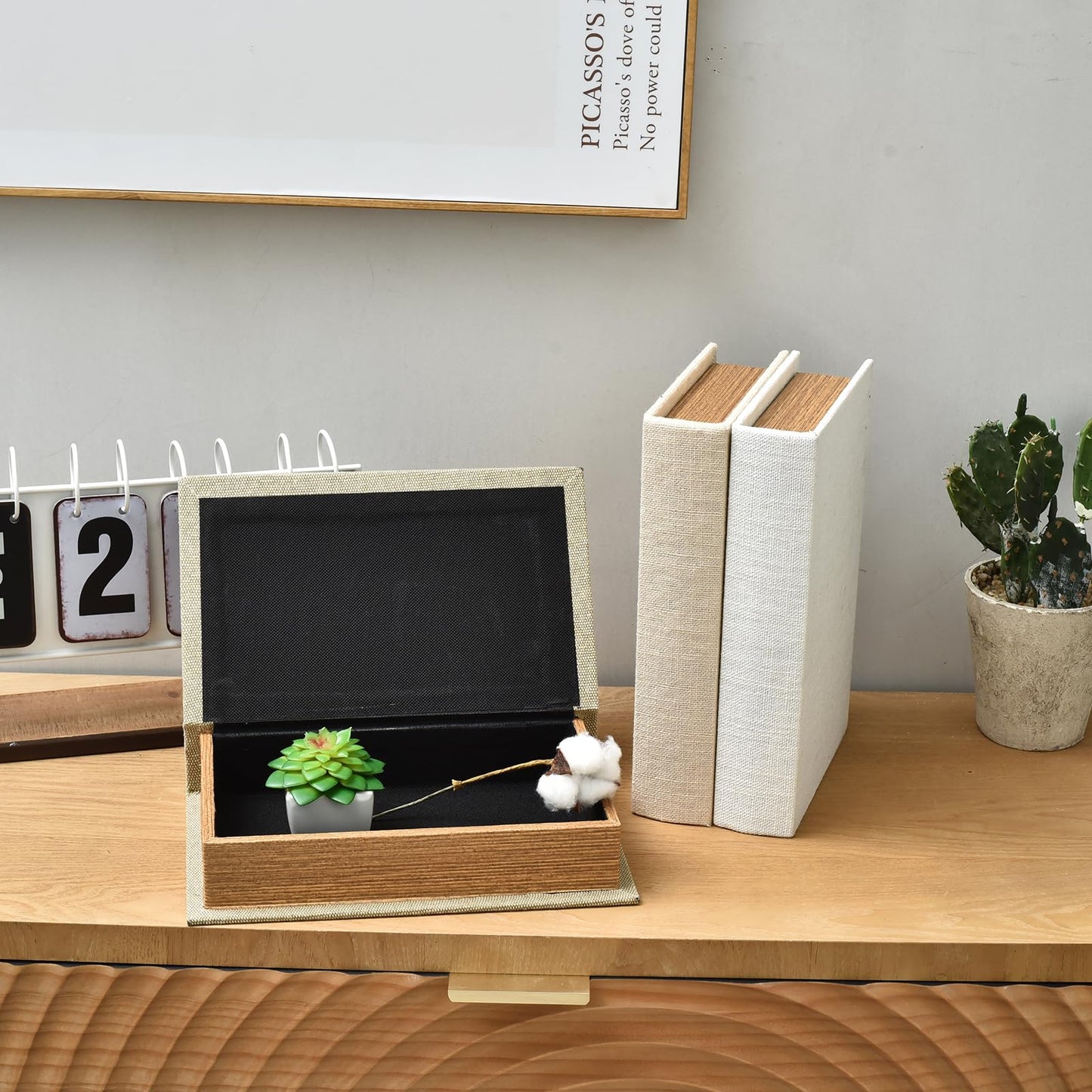 DECOR4SEASON Modern Linen and Wood Decorative Faux Book Boxes Set of 3,10", Taupe,Beige,Off White