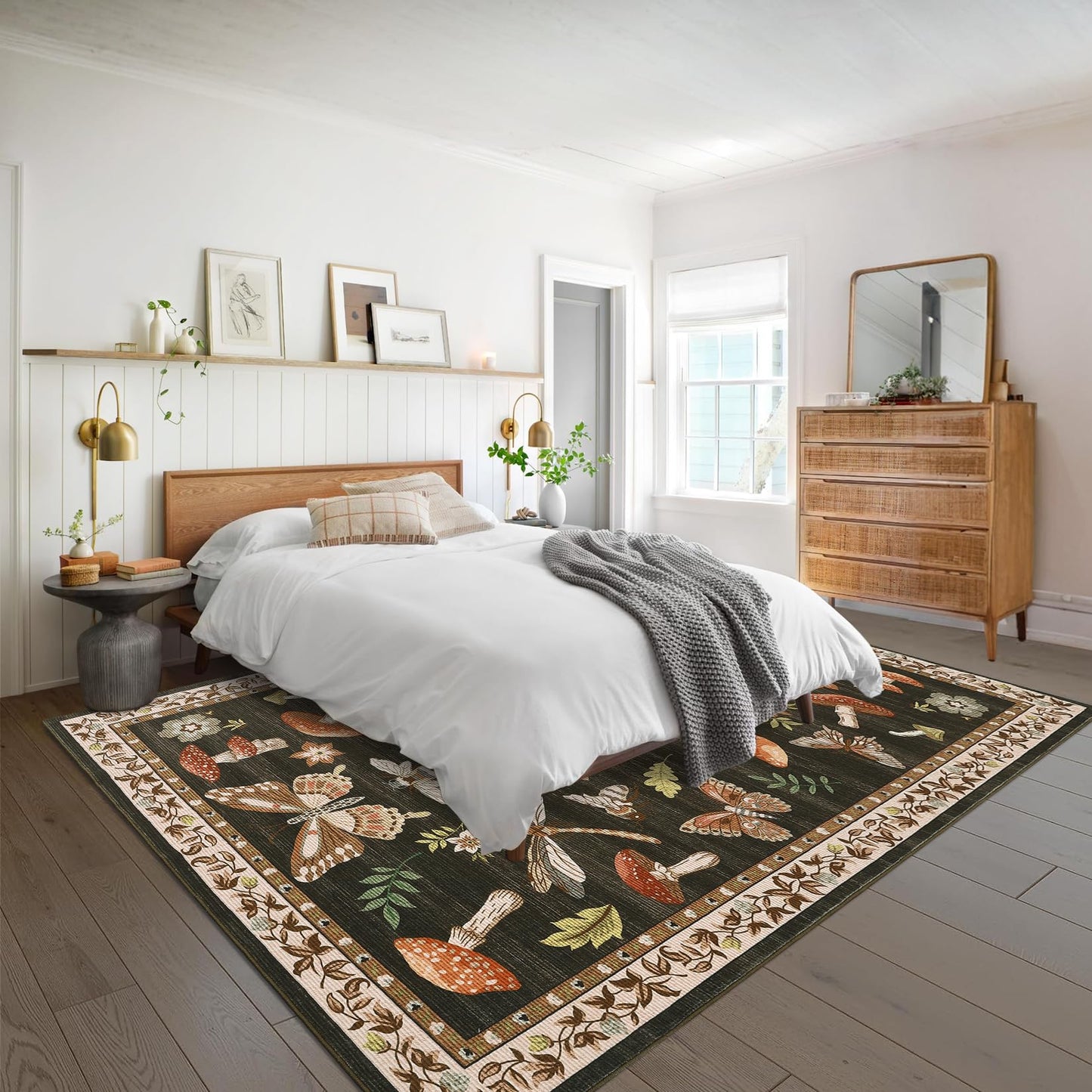 ROYHOME Mushroom Washable Rug 5x7 Area Rugs for Living Room, Insect Print Rug for Bedroom, Non Slip Throw Carpet with Rubber Back, Soft Low Pile Dining Room, Brown