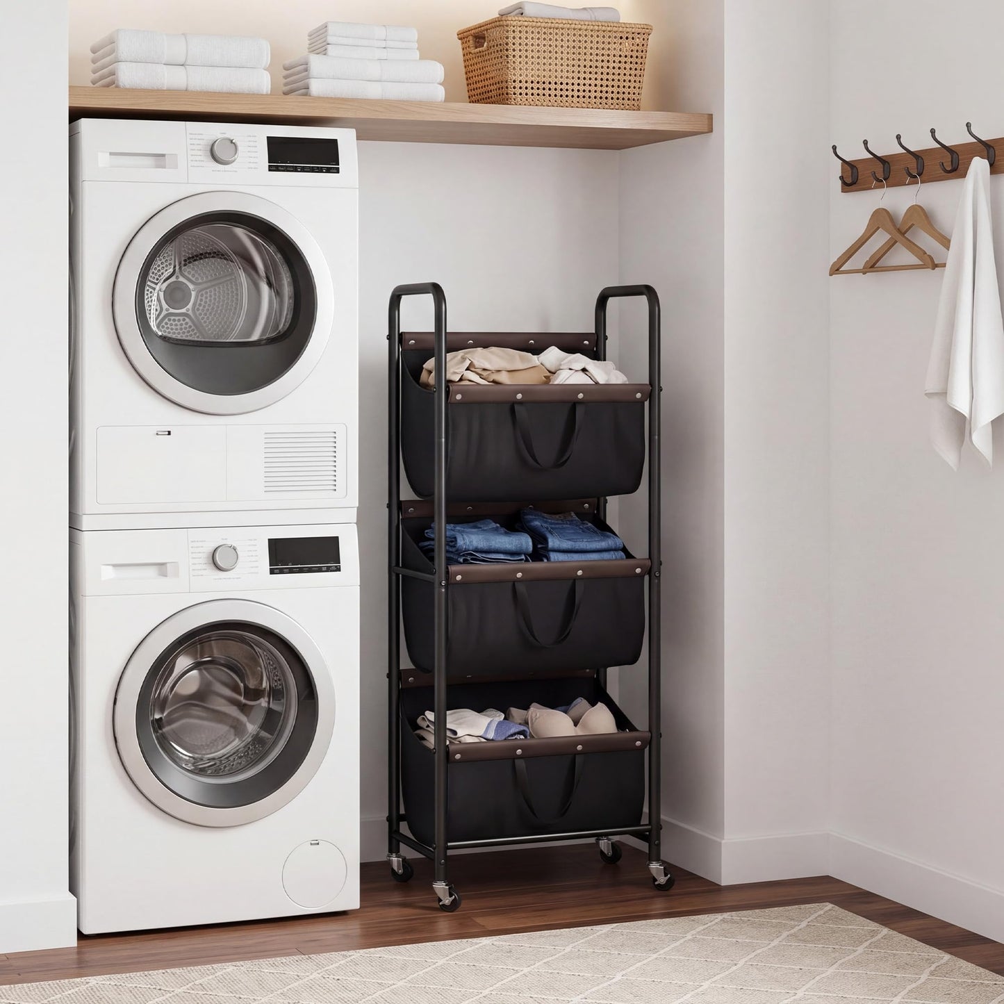 GRANNY SAYS 3 Section Tiered Laundry Sorter, Slim Vertical Laundry Hamper with Wheels, Narrow Rolling Laundry Cart with Removable Bags for Laundry Room, Bathroom, Closet, Dorm, Black