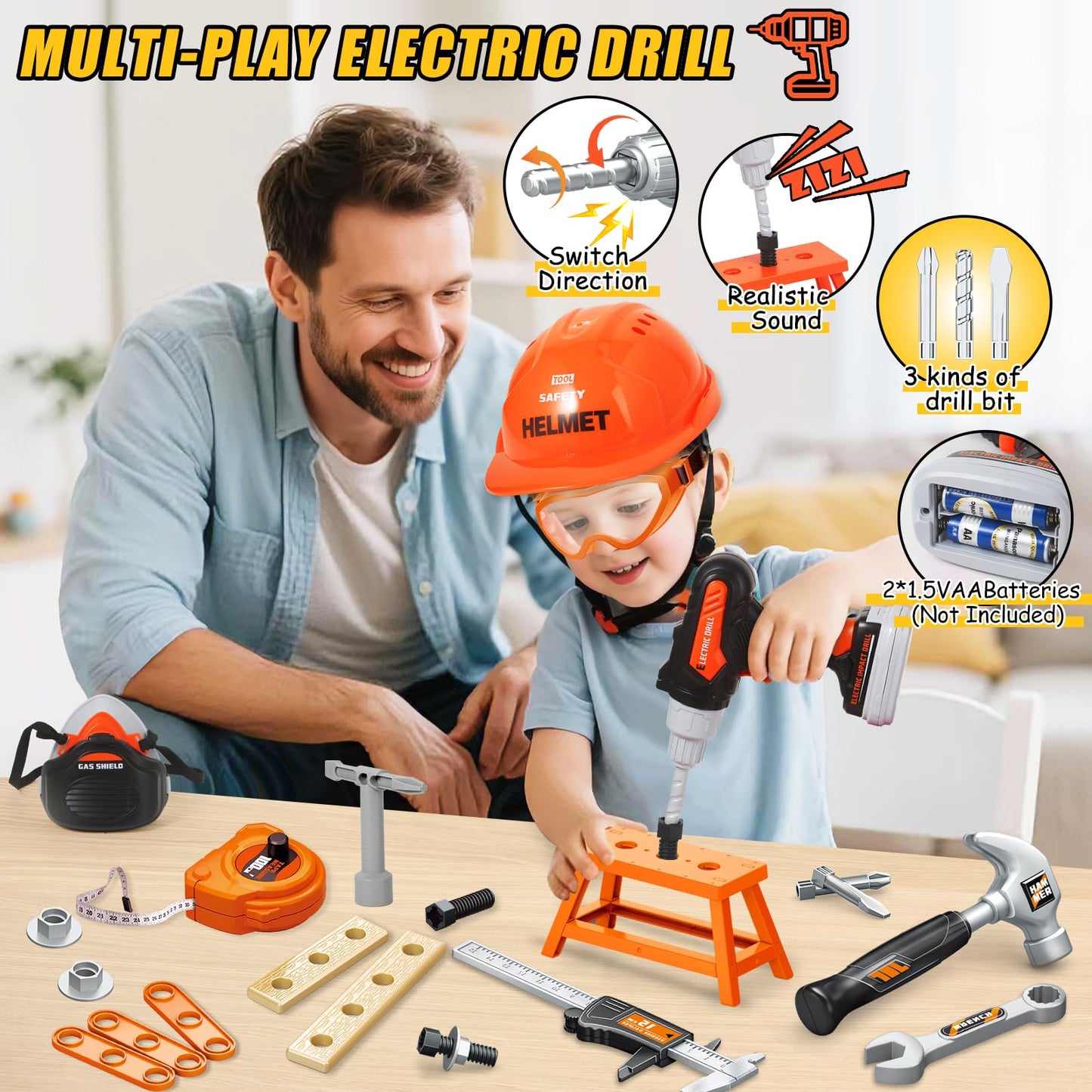Kids Tool Set Toys, 48 Pcs Toddler Tool Set with Portable Tool Box, Electronic Toy Drill & Electric Chainsaw, Construction Tools Gifts for Boys Aged 3 4 5 6 7, Christmas Birthday Gifts for Toddlers