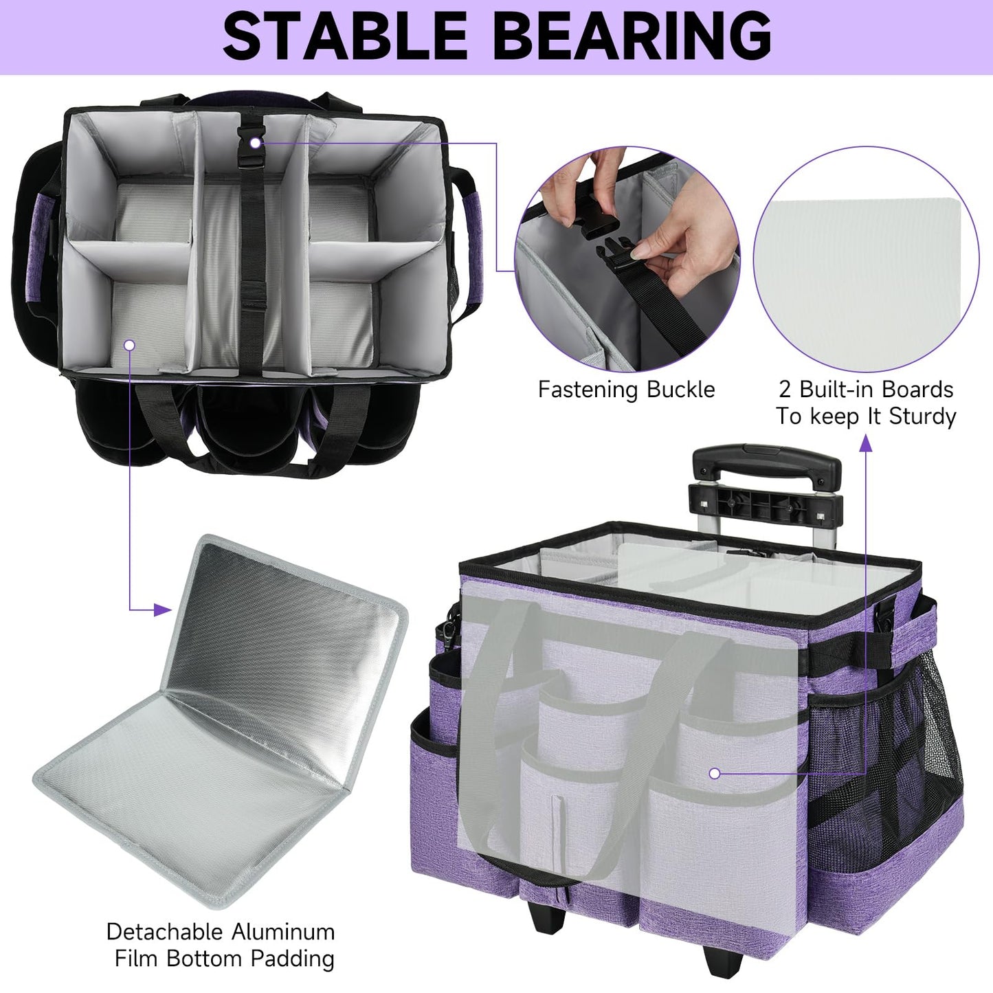 ZIOZERTT Large Rolling Cleaning Caddy Bag with Detachable Trolley,Cleaning Cart on Wheels with Shoulder Strap,Cleaning Supplies Organizer for Housekeepers,Purple
