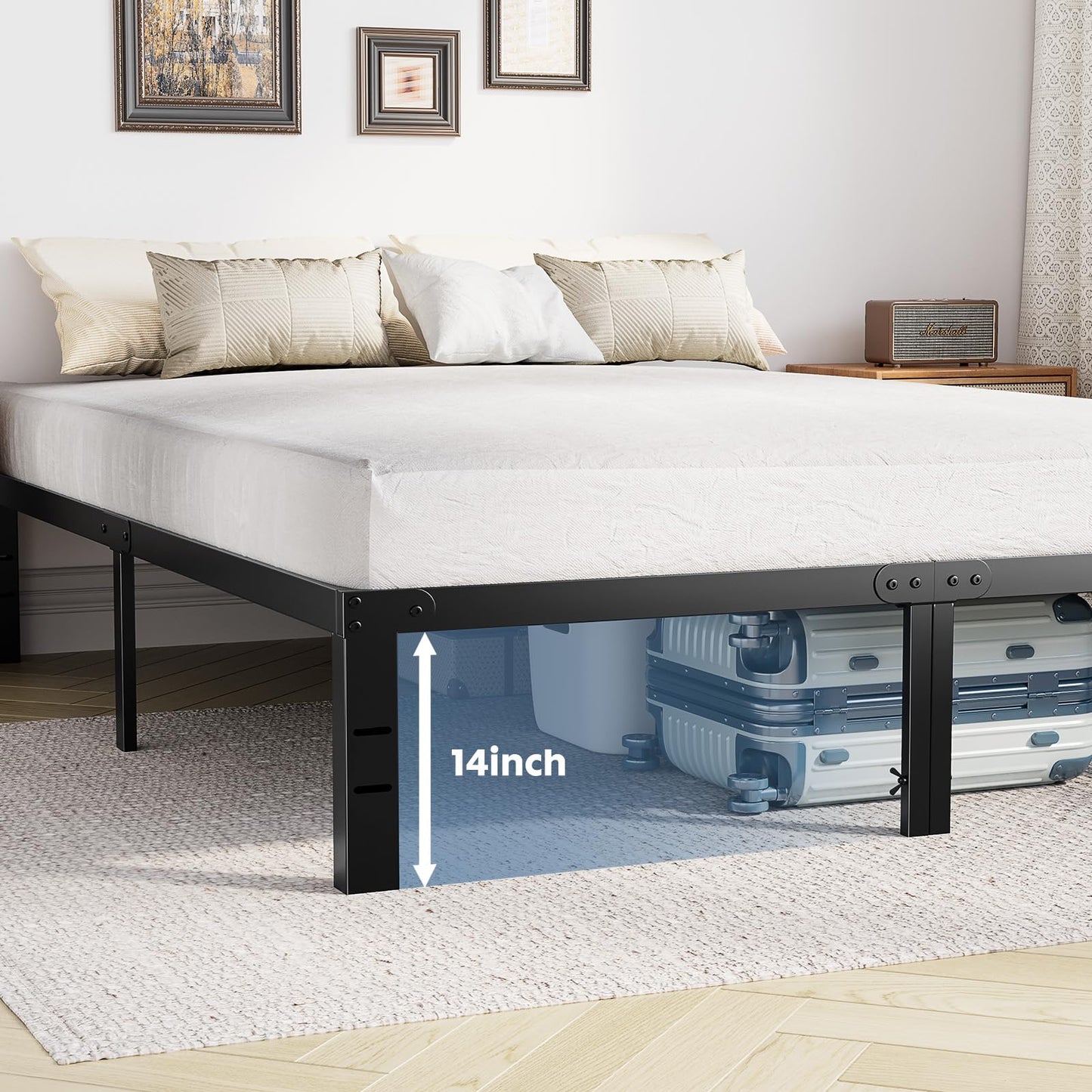 DUMOS Queen Size 14 Inch Bed Frame - Metal Platform Bed Frame Mattress Foundation with Steel Slat Support, No Box Spring Needed, Storage Space Under Base, Easy Assembly, Black