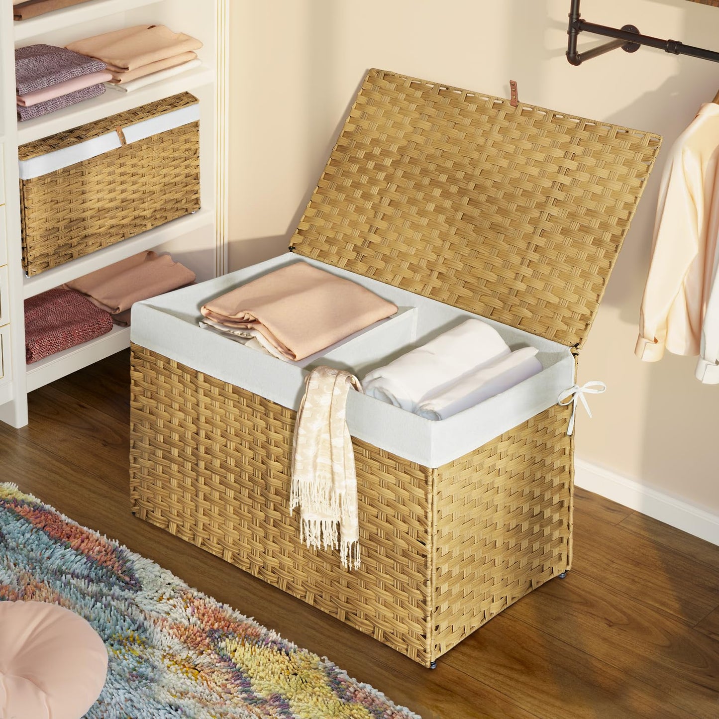 GREENSTELL Storage Basket with Lid, 42.3 Gallon(160L) Lagre Wicker Blanket Storage Basket with Handles, Foldable, 2 Removable Liner Bags, Metal Frame, for Bedroom, Laundry Room, Brown,30"*18.1"*18.1"