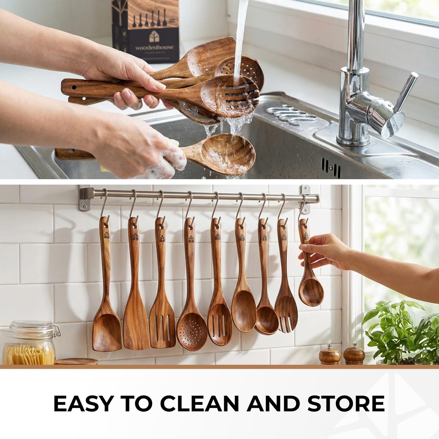 Wooden Spoons for Cooking – 10 Pcs Premium Teak Wooden Utensil Set with Hooks - Durable, Nonstick Safe, Easy to Clean & Heat Resistant with Ergonomic Handles