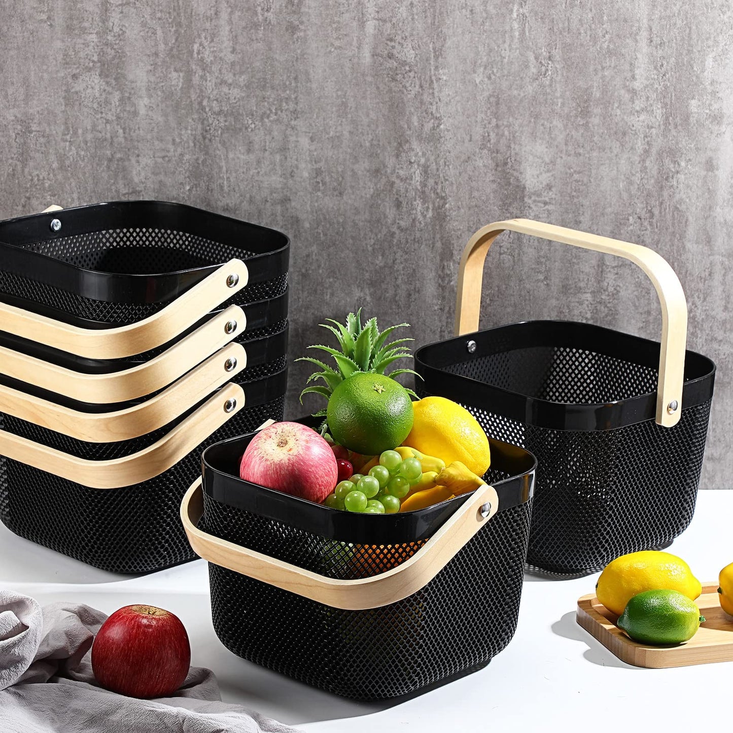 Roshtia 6 Pcs Plastic Mesh Storage Basket with Handle 9.8 x 10.2 x 7.1 Inch Garden Harvest Storage Basket Multi Functional Hanging Organizer for Kitchen Bathroom Picnic Cabinet Home(Black)