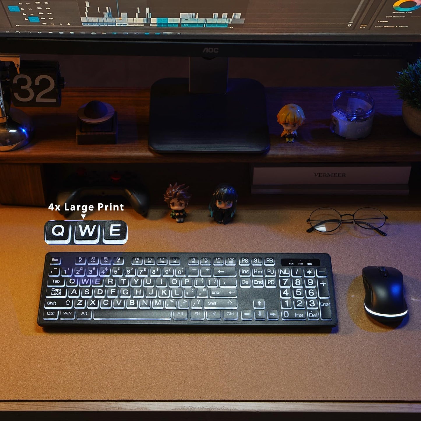 Wireless Keyboard and Mouse - Large Print Wireless Keyboard, KOPJIPPOM 2.4G Full Size Keyboard and Mouse Set with Big Letters and Backlight Key for Seniors, Compatible for Windows, Laptop, PC, Black