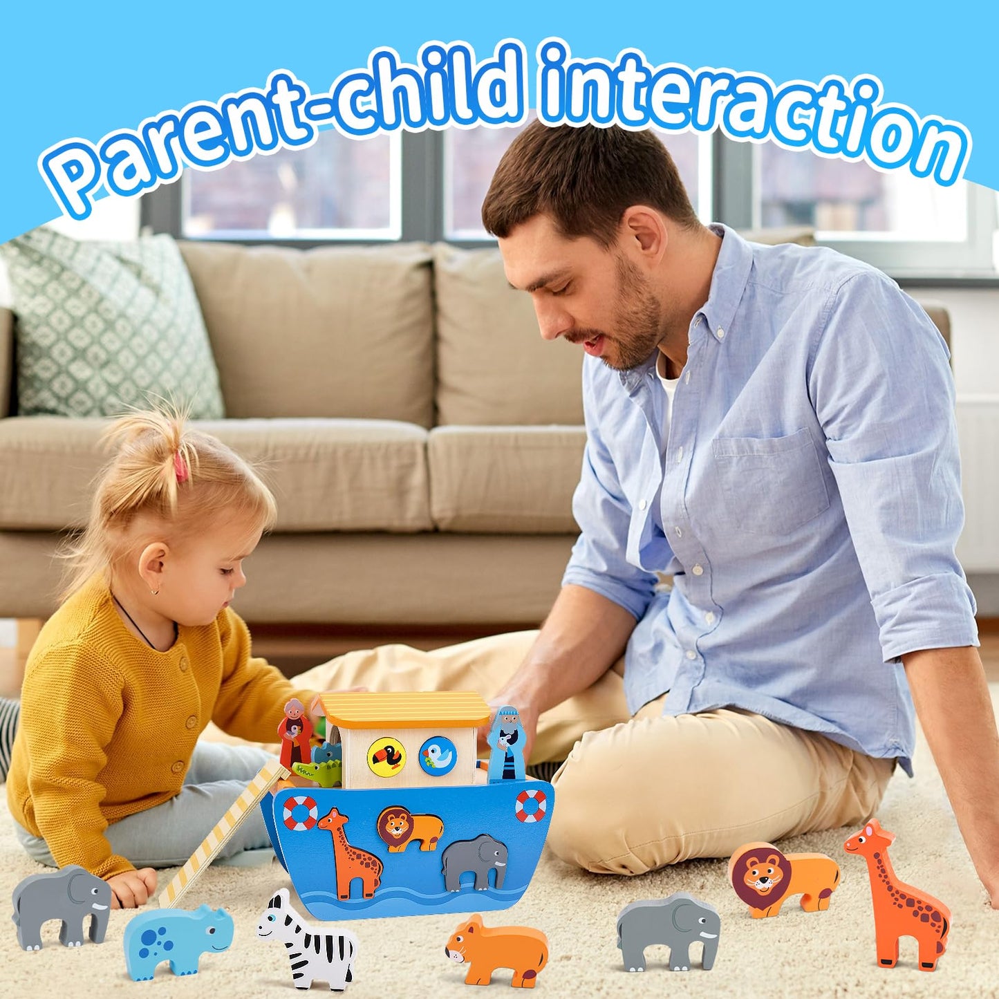 Toddlers Wooden Noah's Ark Toy Animal Playset, Baptism Gifts for 2 3 Boys Girls, Shape Sorter Early Learning Montessori Toys with Bible Story Book for 24 Months Babies