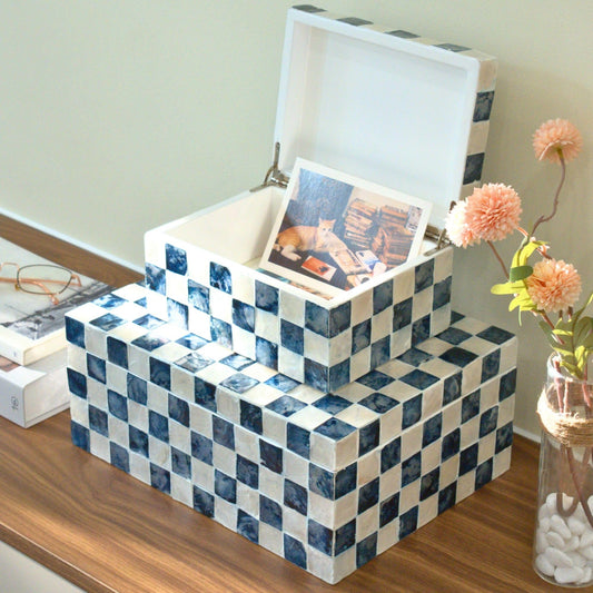Chi An Home 12", 8" Capiz Decorative Boxes with Lids, Capiz Shells Checkered Decorative Storage Boxes for Home Décor, Memory Box Keepsake Box for Photos, Letters, Accessories, Set of 2 (Navy Blue)