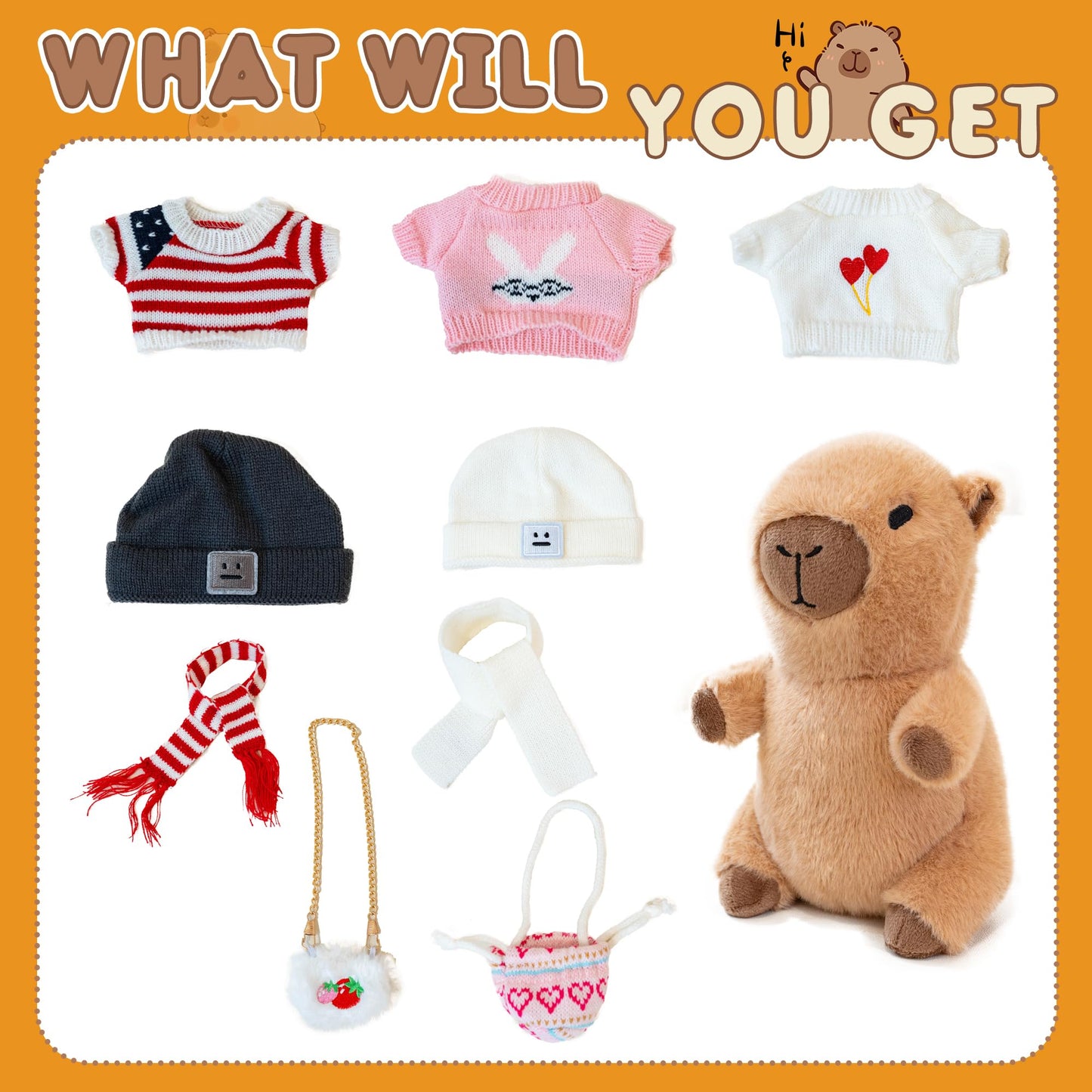 WAKSUN Capybara Plush for Boys Girls Birthday Dress Up Cute Plushies,10 Pcs Set,9 Clothes and Accessories Kawaii Stuffed Animal Plushie Toy, Soft Peluche Doll for Kids 10.2 in
